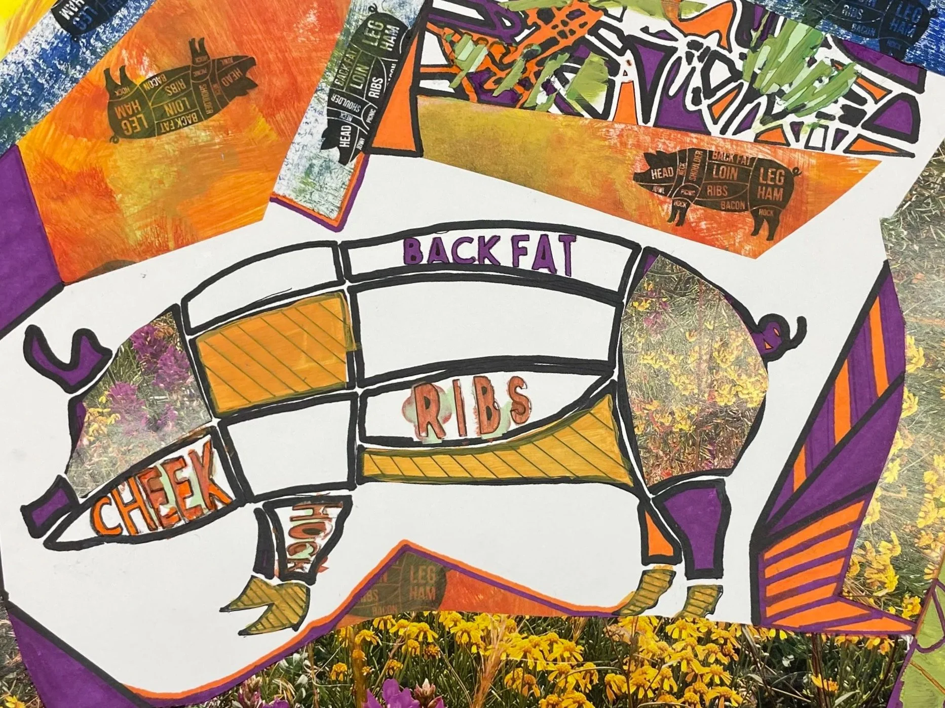 "Pork & Prairies" [Acrylic Paint & Collage on Paper] (2024)