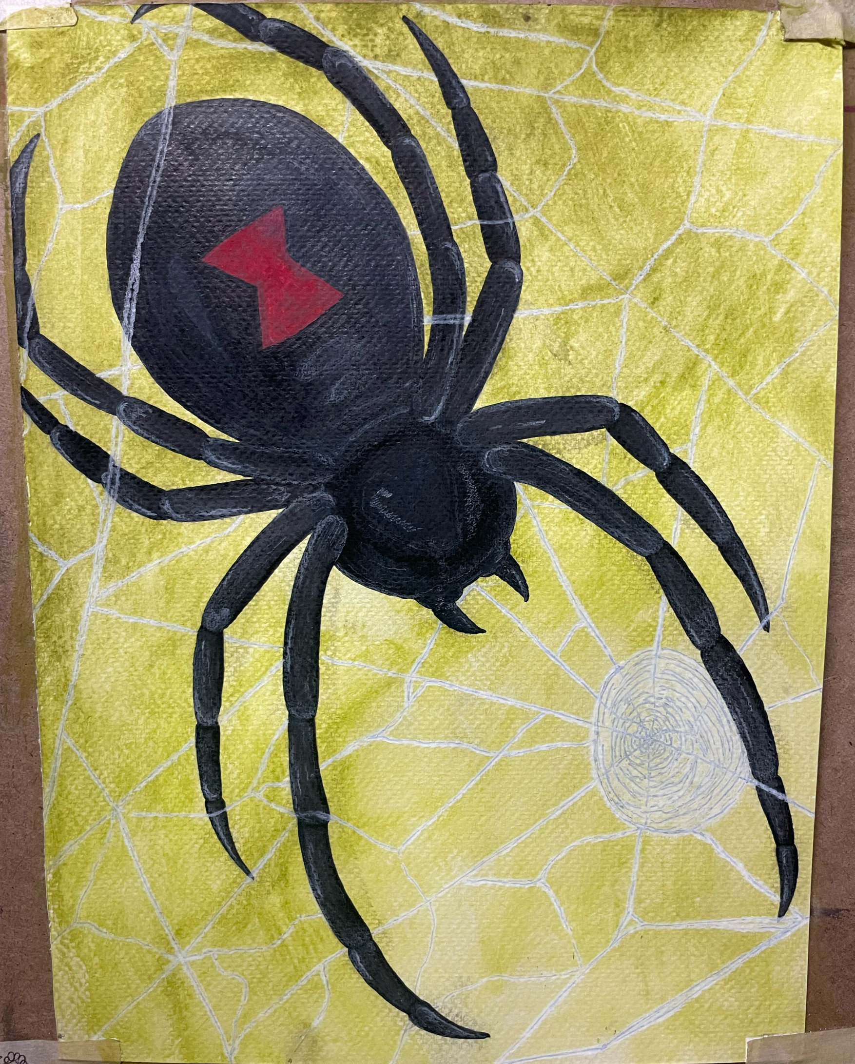 "Webs & Wisdom, Woven in a Tool Shed" [Gouche and White Charcoal on Canvas Board] (2025)