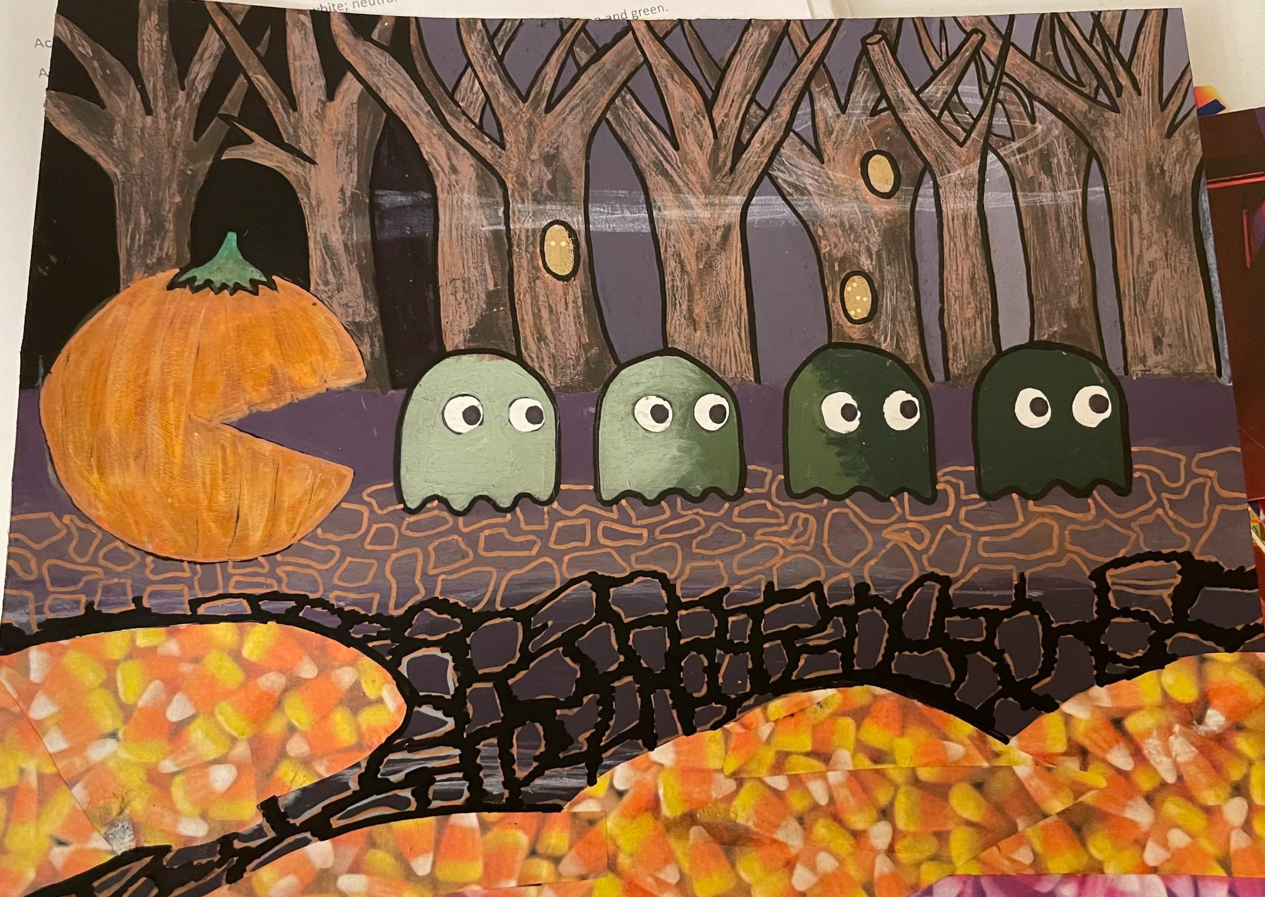 "Pacman Goes Trick Or Eating" [Acrylic Paint & Collage on Paper] (2024)