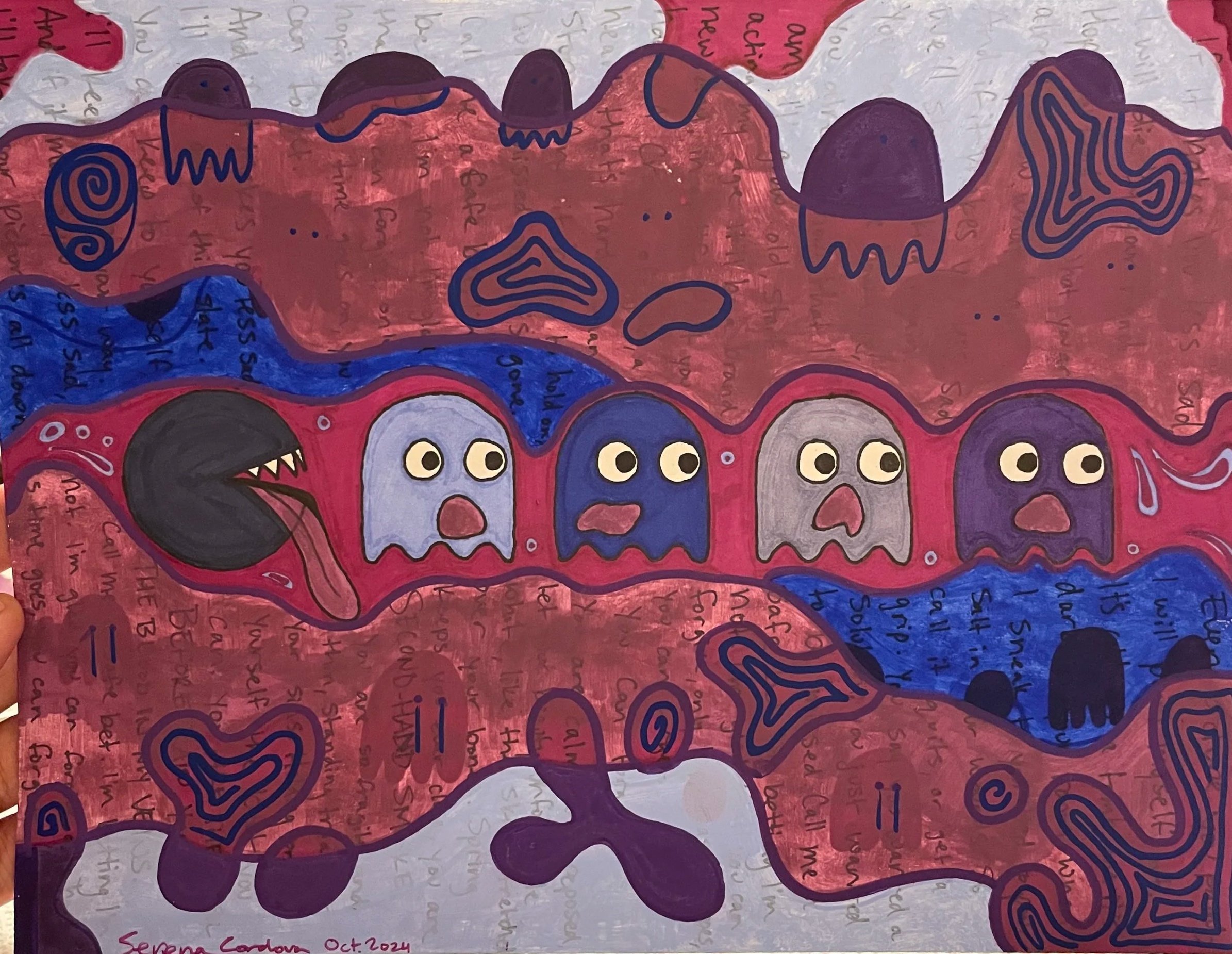 "Chomp Chase" [Acrylic Paint & Markers on Paper] (2024)