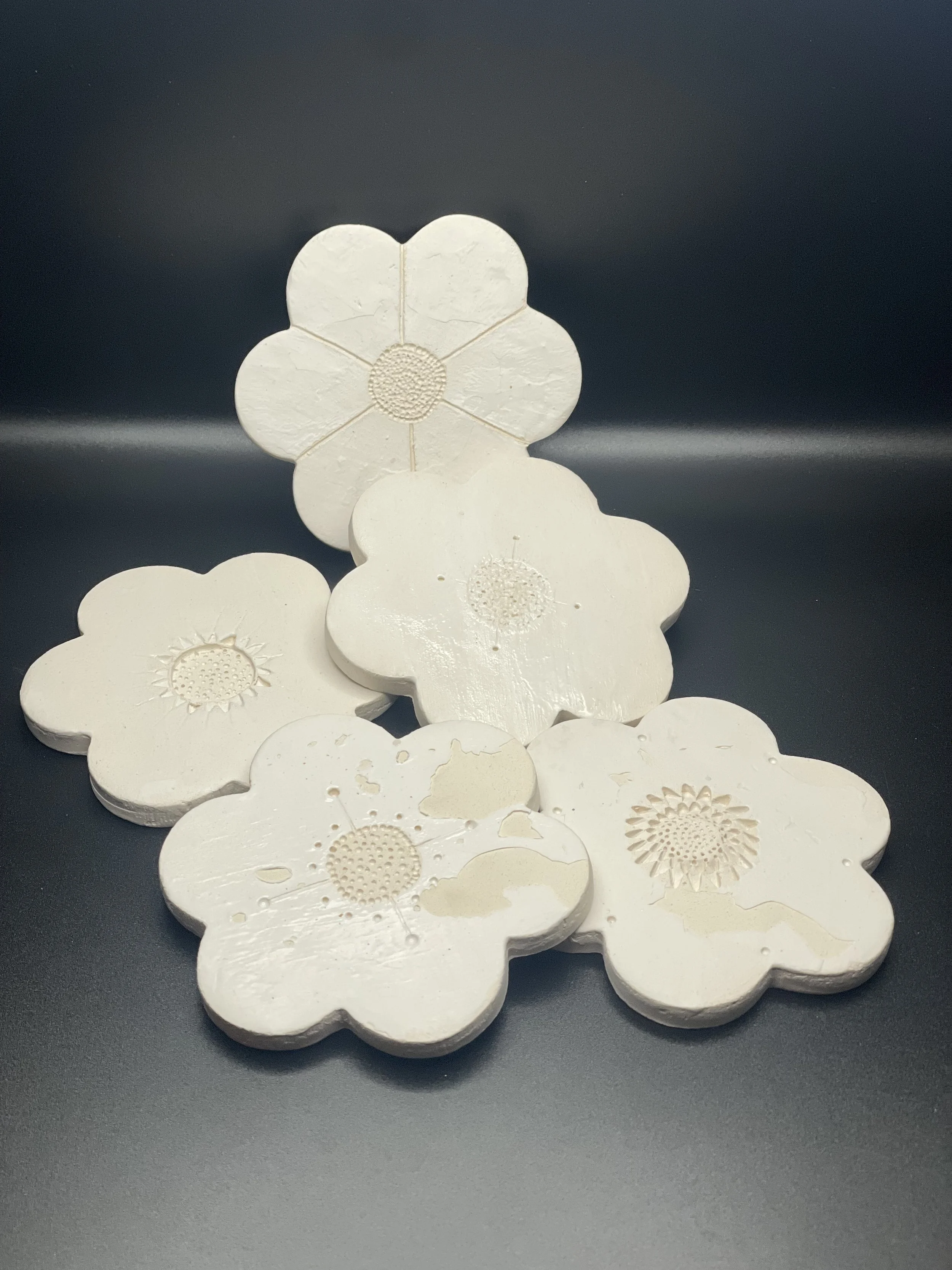 Flower Coasters w/ Individualized Carving Details -- Set of 5 (2024)
{Note: 3 coats Mayco FN001; fired twice; persistent chipping}
