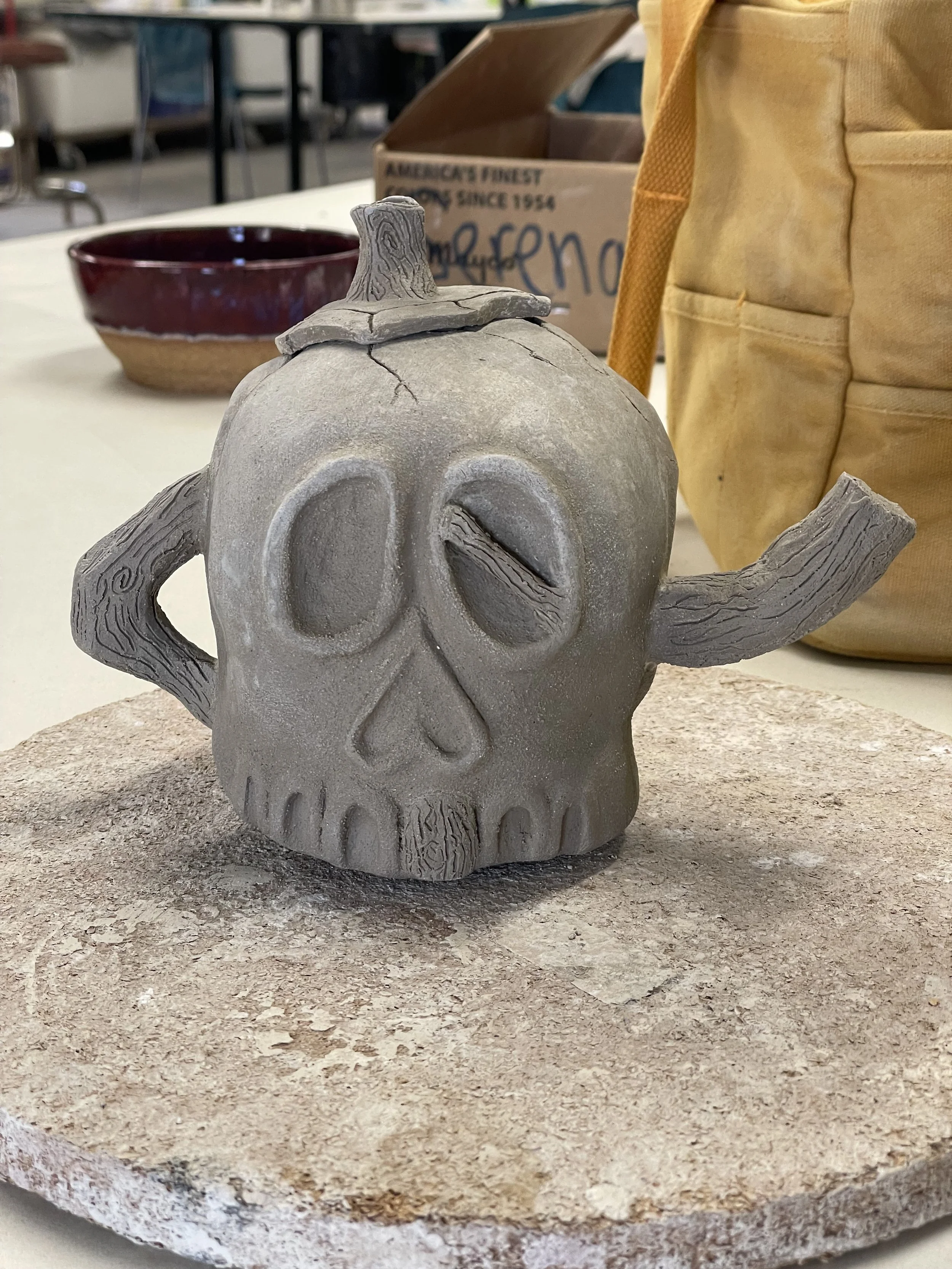 "CrOAKed" [Skull Teapot with Wooden Embellishments] (2025)