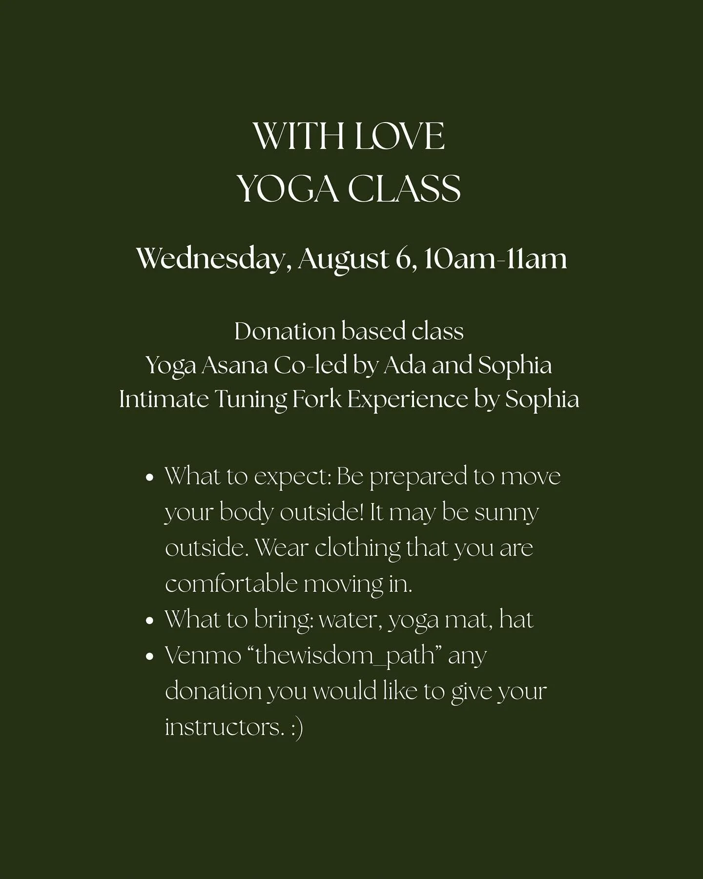 With Love Yoga Class in the Park🍃

Meet Ada! Ada is Certified 200-Hour Yoga Instructor and has the biggest heart, truly. She loves community and we can&rsquo;t wait for you to meet her!

If you&rsquo;re new to this space, Sophia of The Wisdom Path h