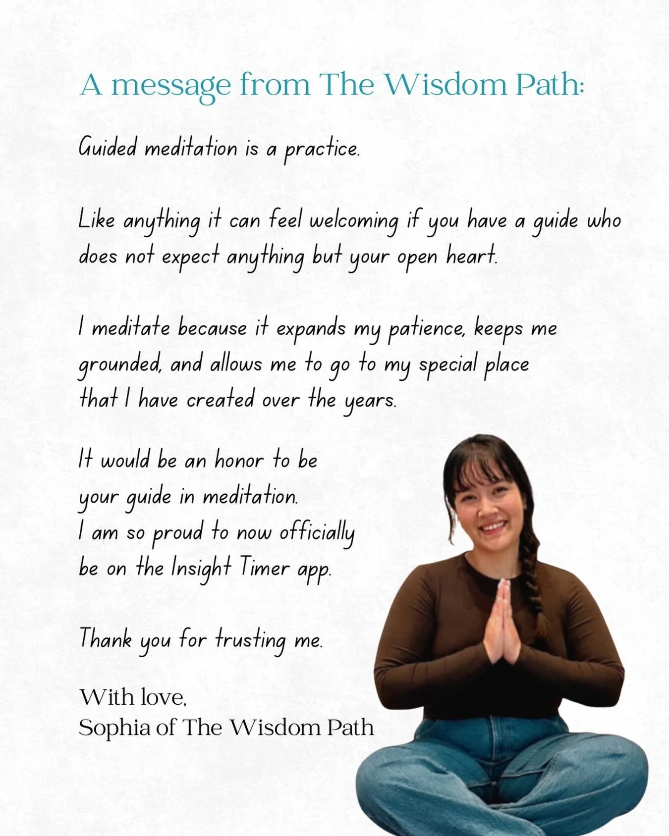 Now available on the Insight Timer app.📱✨

This is something that we have wanted to offer since the start of The Wisdom Path in December 2024.

No matter where you are, you can now meditate with &ldquo;Sophia Stermer&rdquo; on @insighttimer .🧘🏻&zw