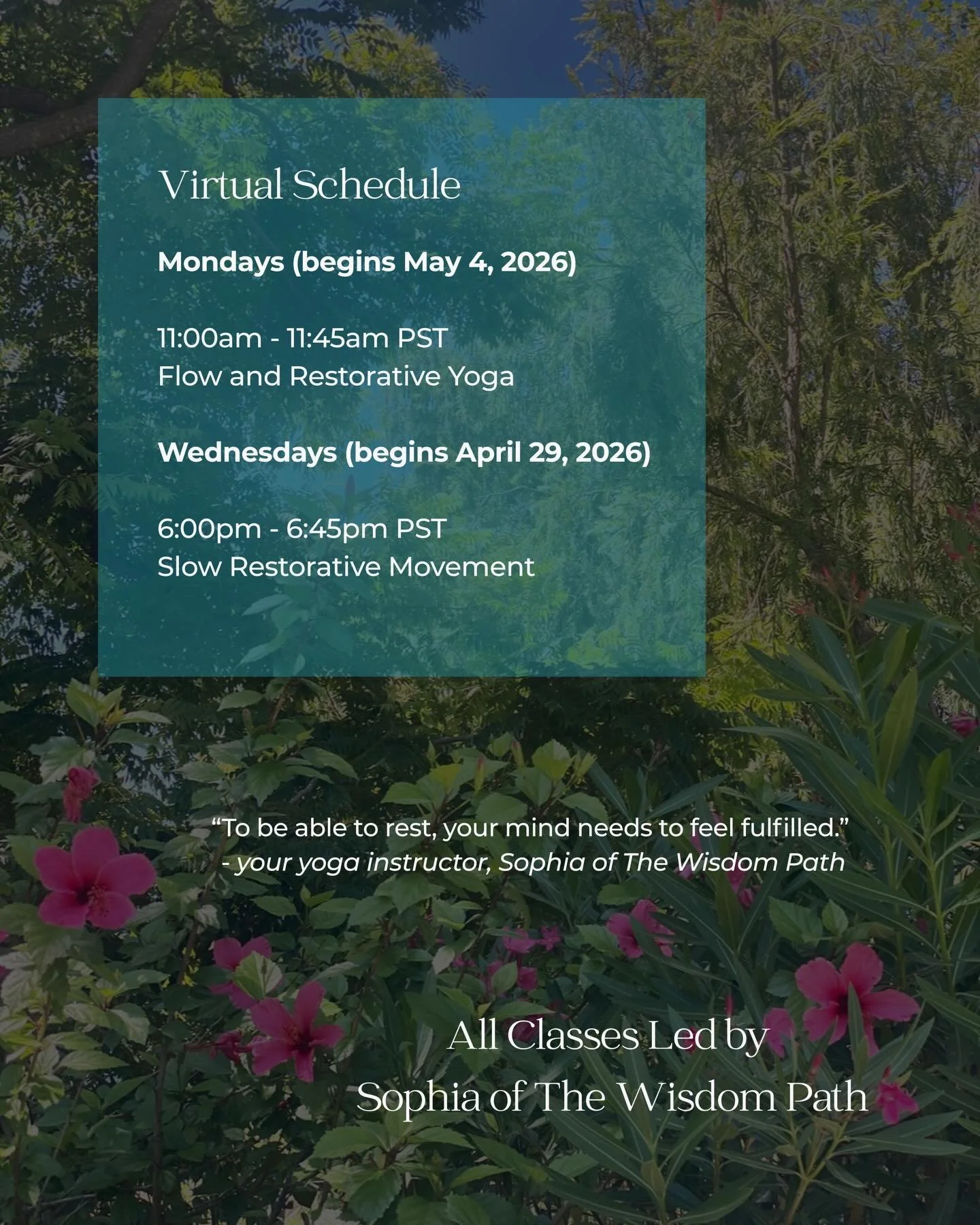 Thank you to those who shared their preferences for virtual yoga classes!🩵

Sophia has been secretly teaching yoga again for almost a month and it inspired her to weave in online classes and connect with all of you that she misses dearly.🫶🏼

For o