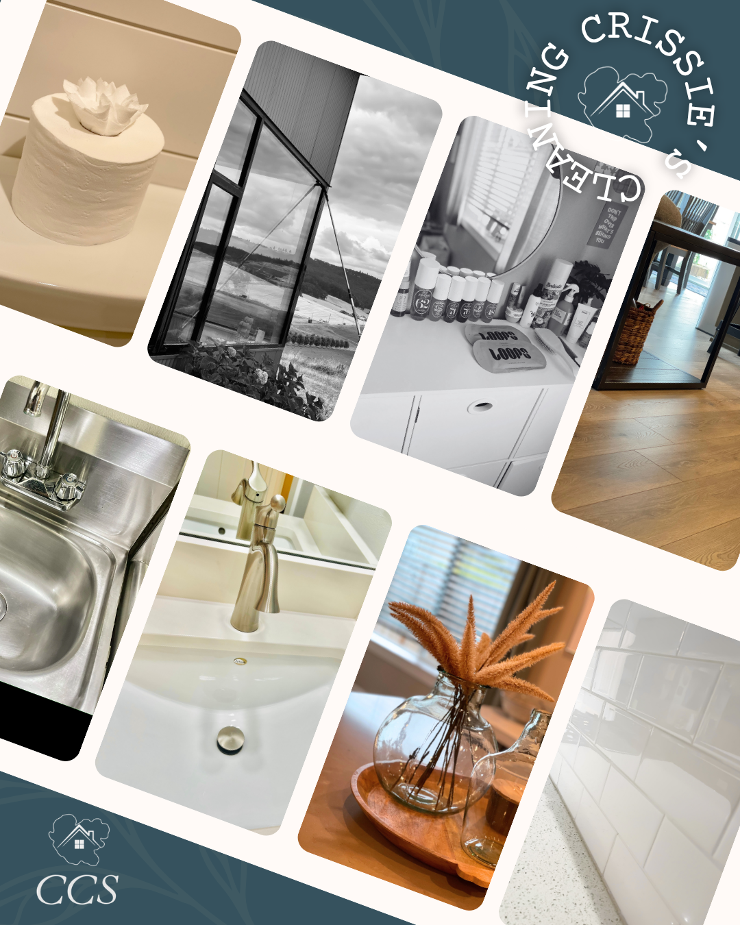 Collection of home decor and interior images, including a cake, a window view, a bathroom sink with skincare products, a kitchen sink, a sleek faucet, a vase with dried flowers, and a white tiled wall.