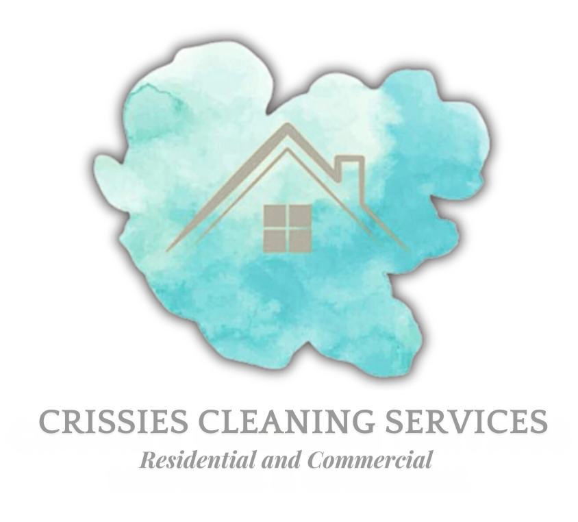 Logo for Crissies Cleaning Services featuring a watercolor blue background with a house outline and window, and text indicating residential and commercial cleaning services.