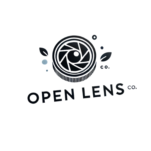 Logo of Open Lens Co., featuring a camera aperture surrounded by leaves and bubbles, with the company name below. Oregon PNW Pacific Northwest Marketing Business Websites Cards Branding Content Creation Outdoors Social Media Marketing