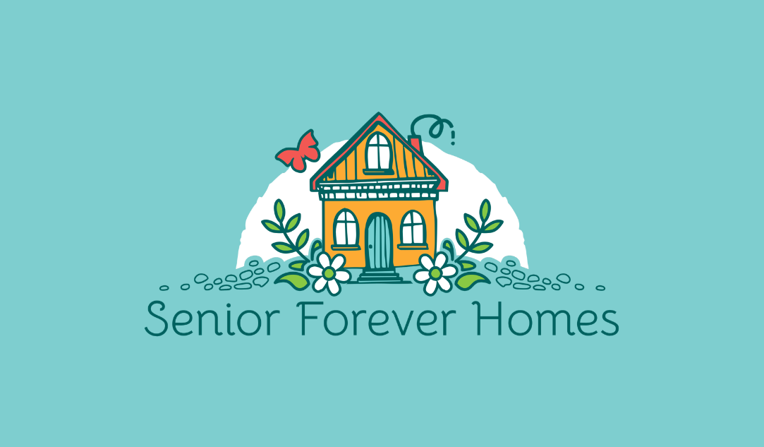 Logo of Senior Forever Homes featuring a yellow house with blue accents, surrounded by green leaves and white flowers, on a teal background. Retirement Planning Assisted Living Help Willamette Valley Yamhill County Washington County Oregon
