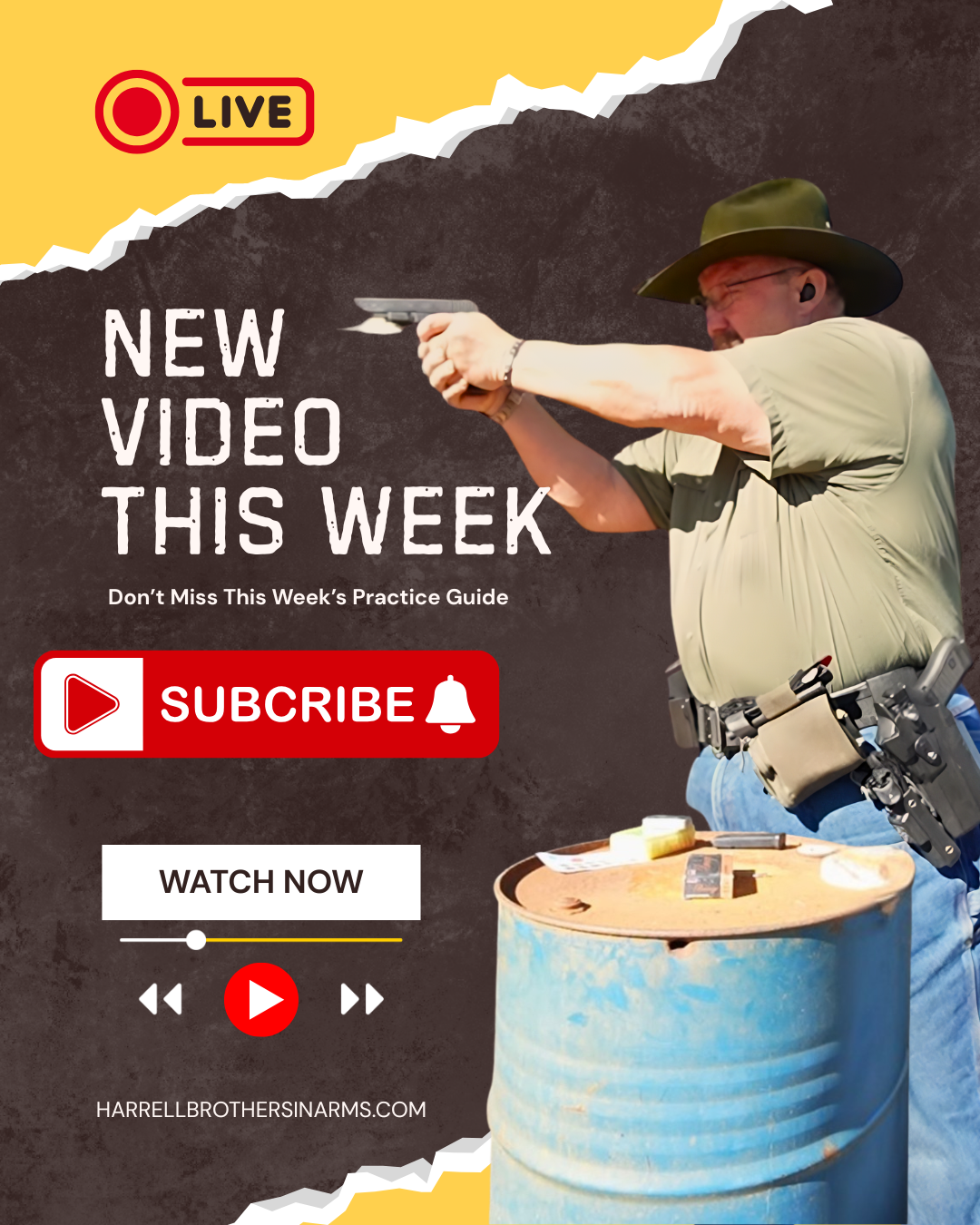 A man wearing a wide-brimmed hat and earplugs, holding a handgun with both hands, aiming it outside. The background appears to be a chalkboard or dark textured surface. Overlaid on the image are promotional text and buttons for a video channel about firearms or shooting practice, including phrases like 'New Video This Week,' 'Subscribe,' and 'Watch Now.'