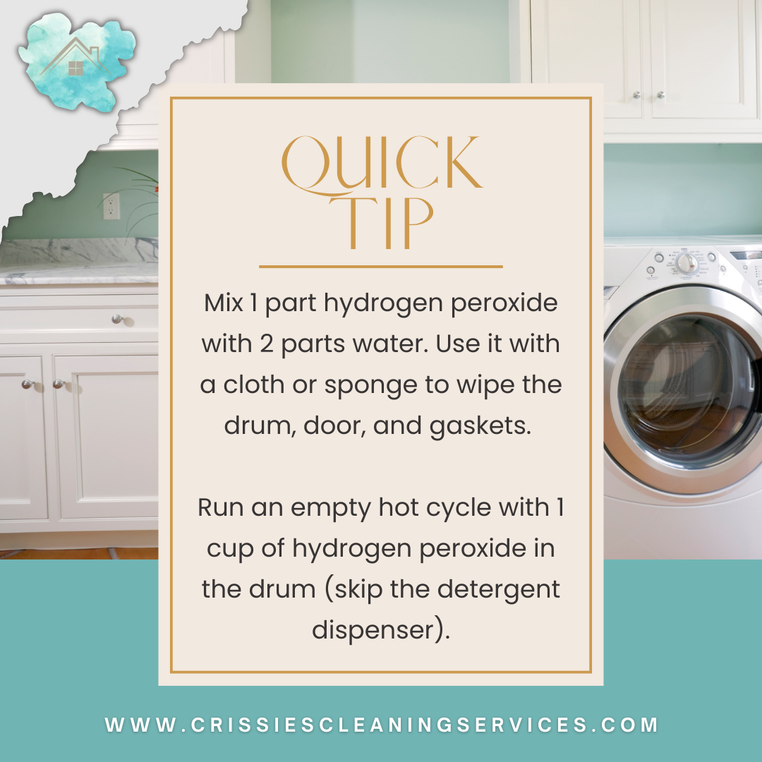 A cleaning tip card with instructions for using hydrogen peroxide to clean appliances, placed in a laundry room with a washer, white cabinets, and a green wall.