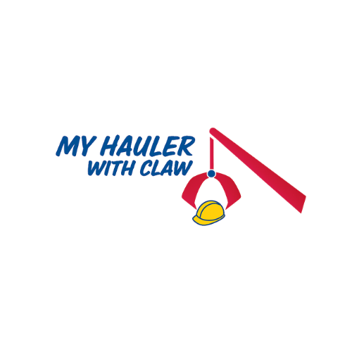 A logo with the text "MY-HAULER WITH CRAW" in blue, and a graphic of a red hand truck with a red load directly above it.