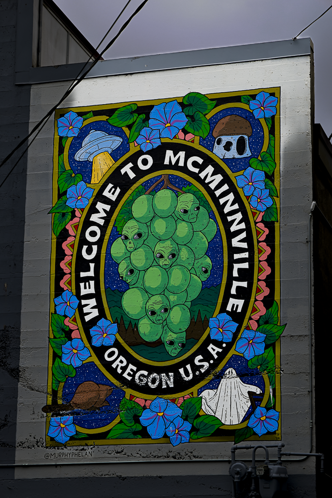 Colorful mural on a wall featuring a central cluster of green grapes with alien faces, surrounded by blue flowers, mushrooms, a volcano, and a mountain, with the text 'Welcome to McMinnville Oregon U.S.A.'