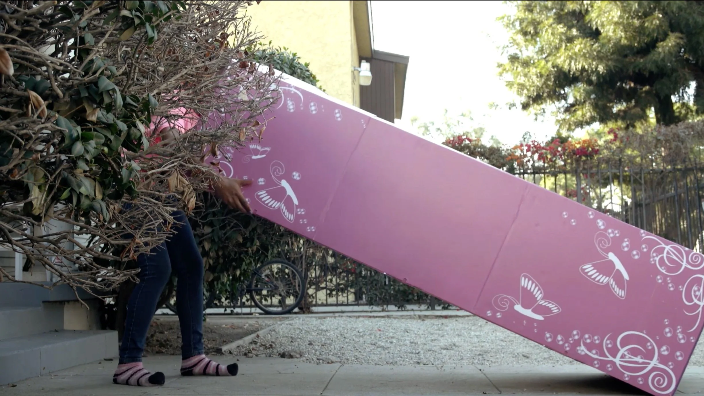 Person moving up a pink box with butterfly designs outdoors next to shrubs.