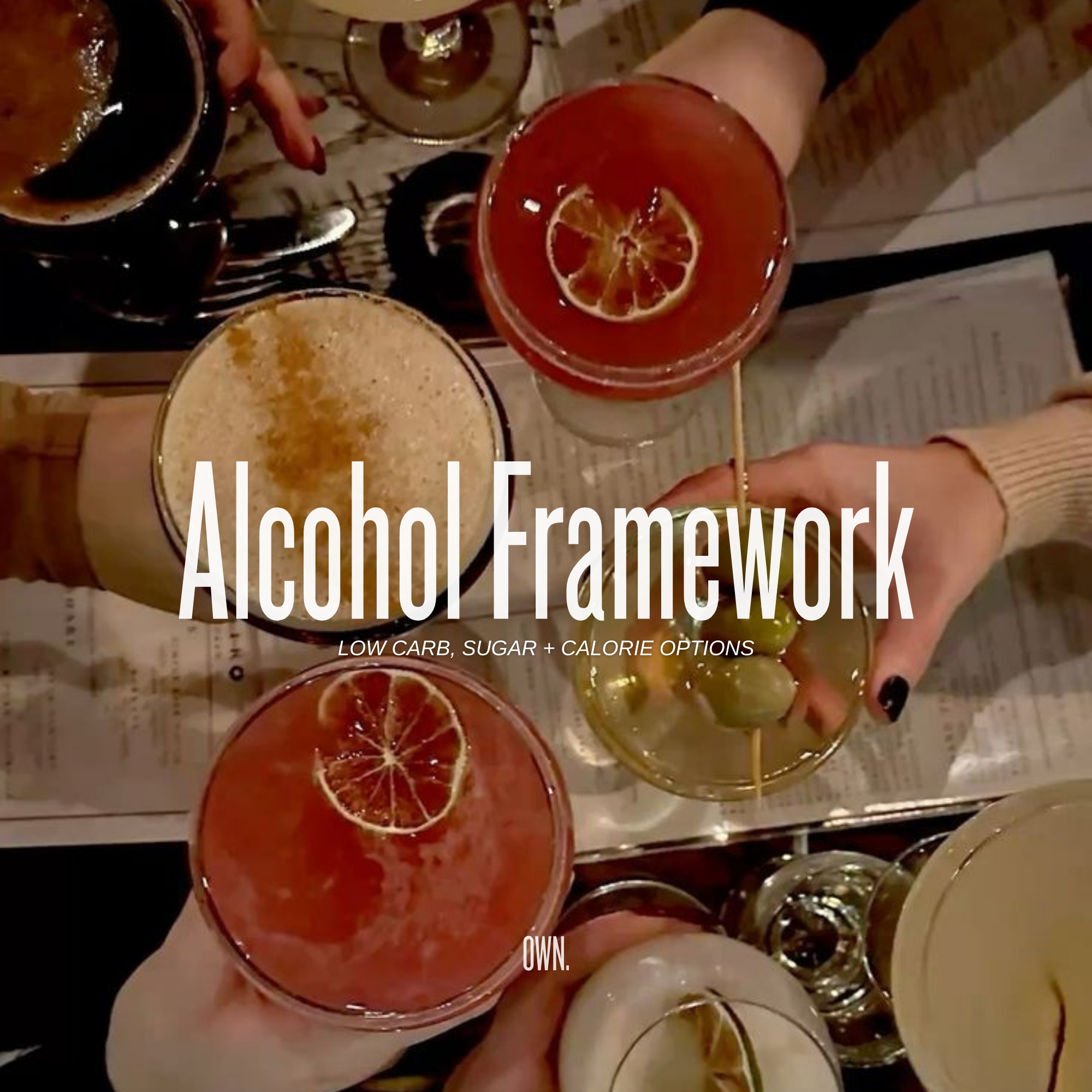 Various cocktails on a table being raised for a toast, including drinks garnished with lemon slices, grapes, and foam-topped beverages, with a menu visible in the background.