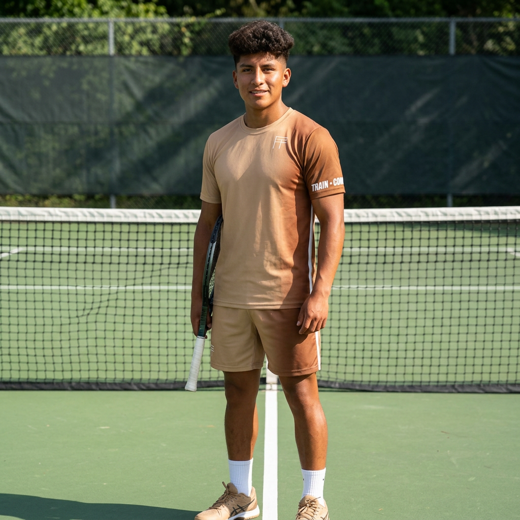 Young man standing on a tennis court holding a tennis racket, wearing a tan sports outfit, with a mesh fence and green trees in the background.