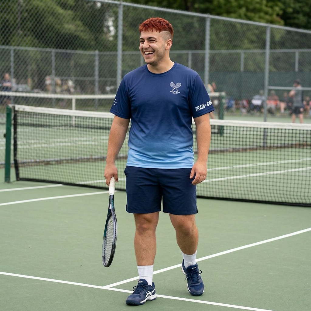 A young man with red hair smiling on a tennis court, holding a tennis racket, wearing a blue sports shirt, navy shorts, white socks, and blue sneakers.