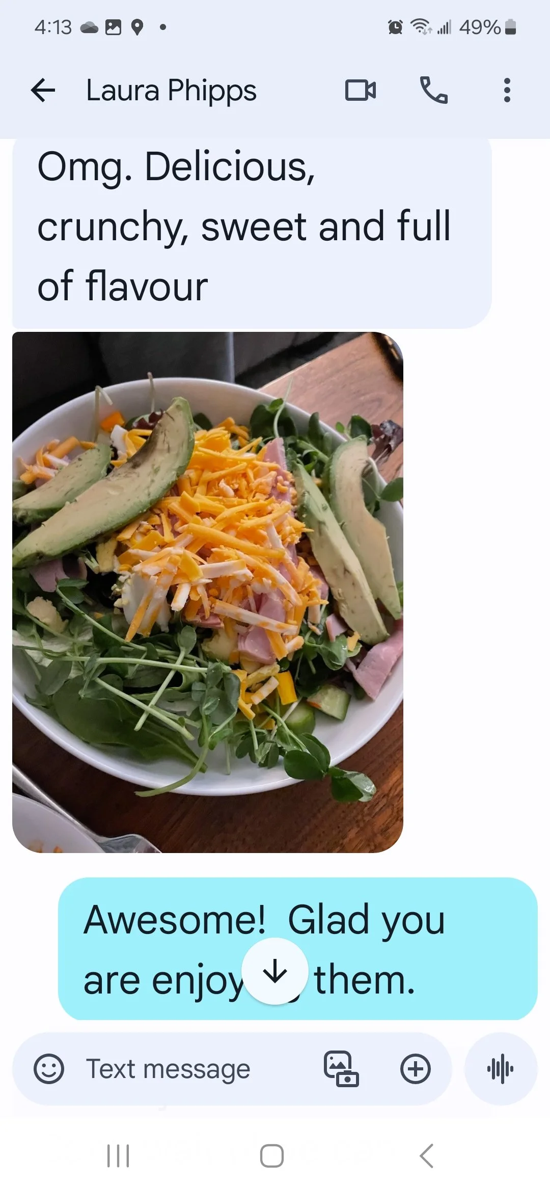 Text conversation with food photo showing salad with avocado, ham, and shredded cheese.