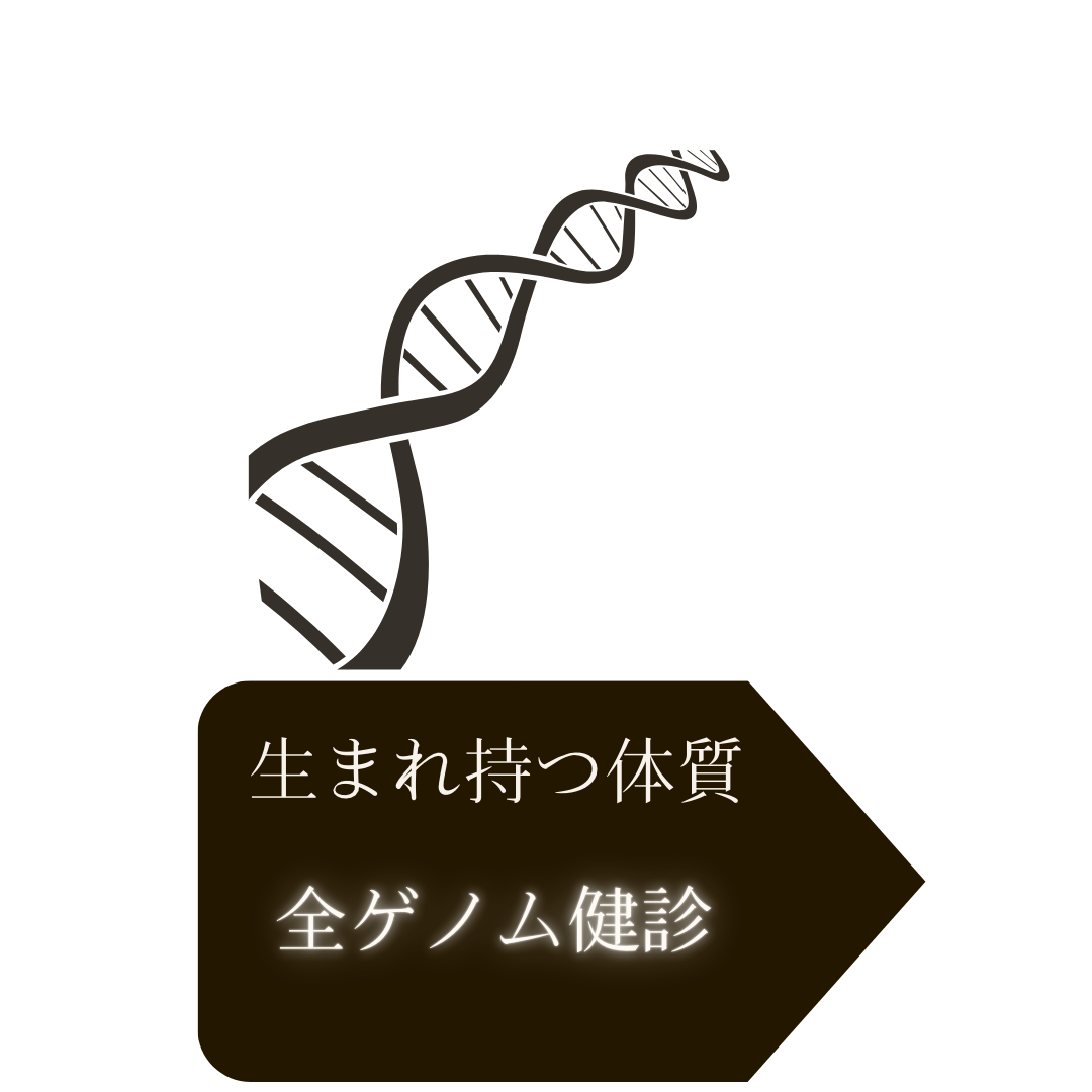 生まれ持つ体質を調べる全ゲノム健診とDNAの二重らせん構造の図