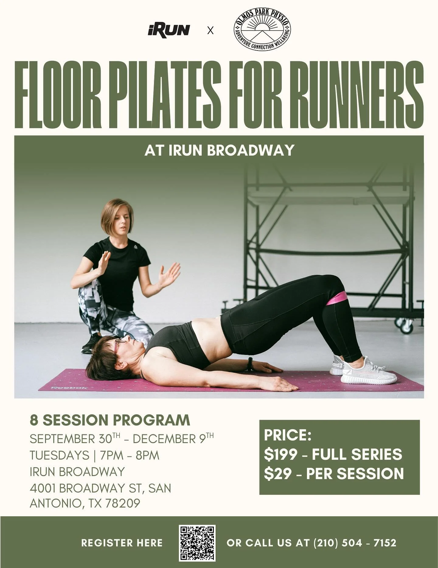 Floor Pilates for Runners with Olmos Park Physio x @irun_texas 

Tuesdays at 7pm &bull; starts Sept 30

Build hip + core strength, improve mobility, and run more efficiently.

Early-bird: $179 for the full 8-week series (through Mon, Sept 29). After: