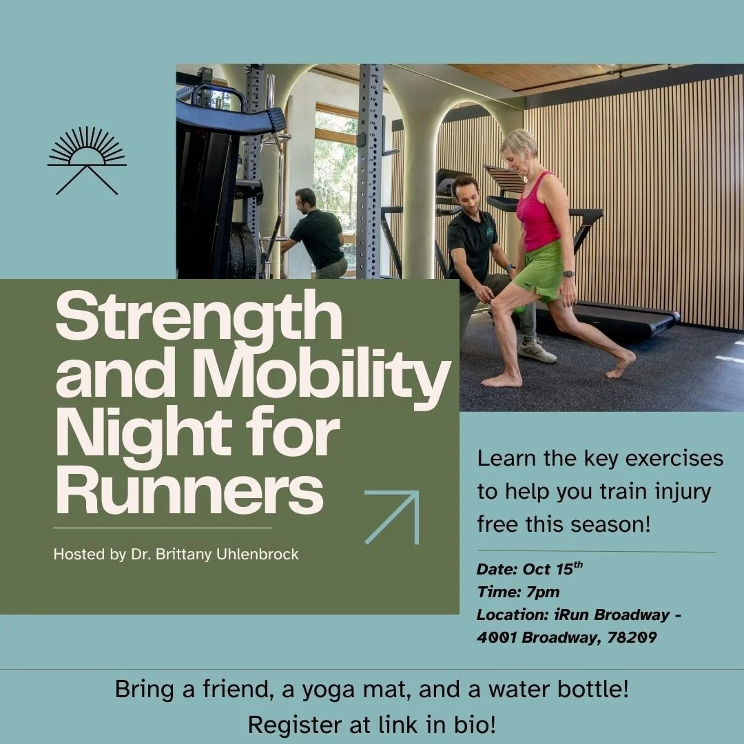 💪 Strength &amp; Mobility Night 🧘&zwj;♀️
Ready to run pain-free? Join us for a free 1-hour workshopwith **Olmos Park Physio at iRun Broadway (4001 Broadway, San Antonio, TX 78209) on Tuesday, October 15th at 7 p.m.

We&rsquo;ll walk you through the