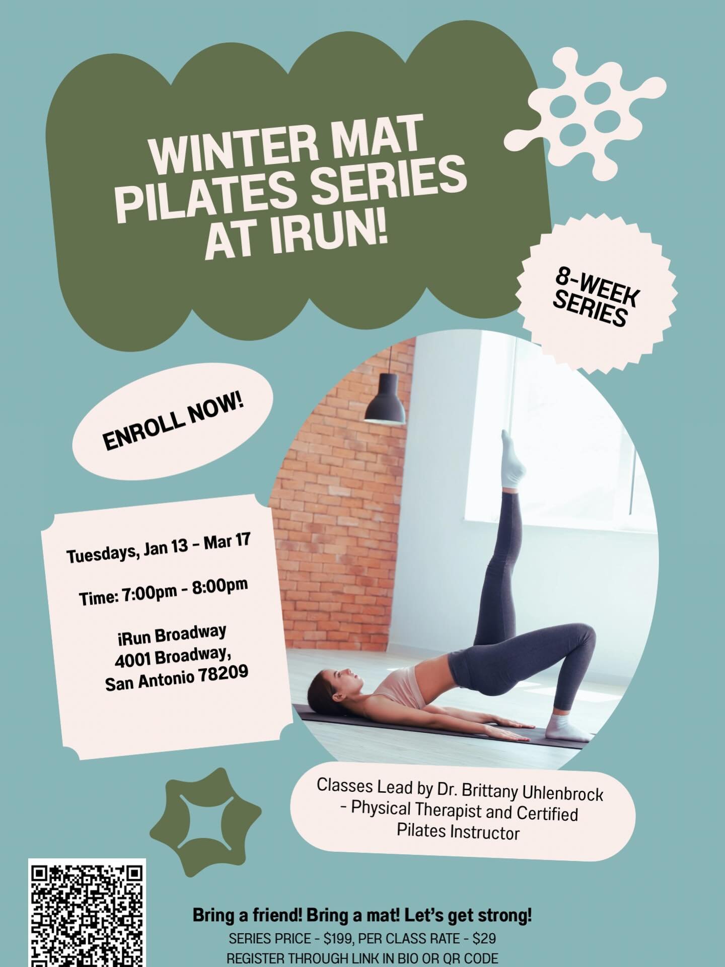 ❄️ Winter Mat Pilates is back at iRun Broadway! ❄️

Join us for an 8-week Mat Pilates series led by Dr. Brittany, DPT, designed to build strength, control, and resilience through the winter months. Perfect for runners and anyone looking to move bette