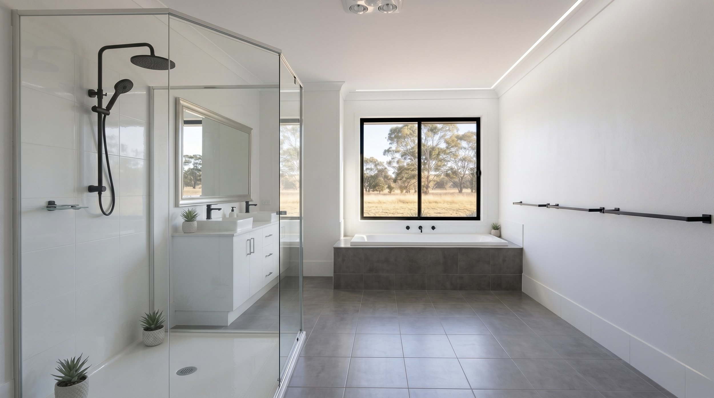 Modern bathroom with walk-in shower, white vanity, large bathtub by a window showing outdoor trees, minimal decor with small potted plants, gray floor tiles, and black fixtures.