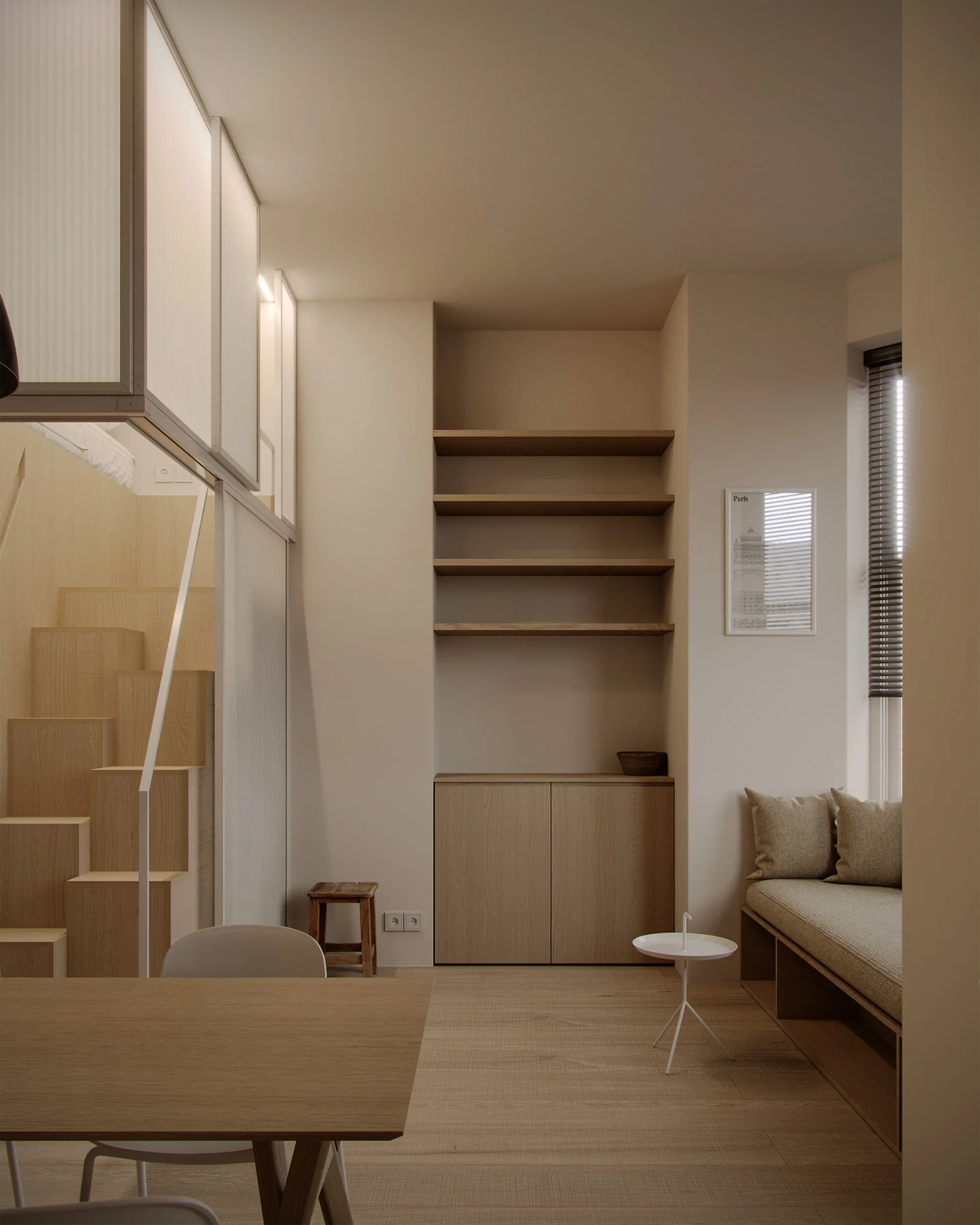 Minimalist living room with built-in wooden shelves, a small cabinet, a window with blinds, a beige sofa with pillows, a small table, and a dining table with chairs. Wooden stairs are visible to the left.