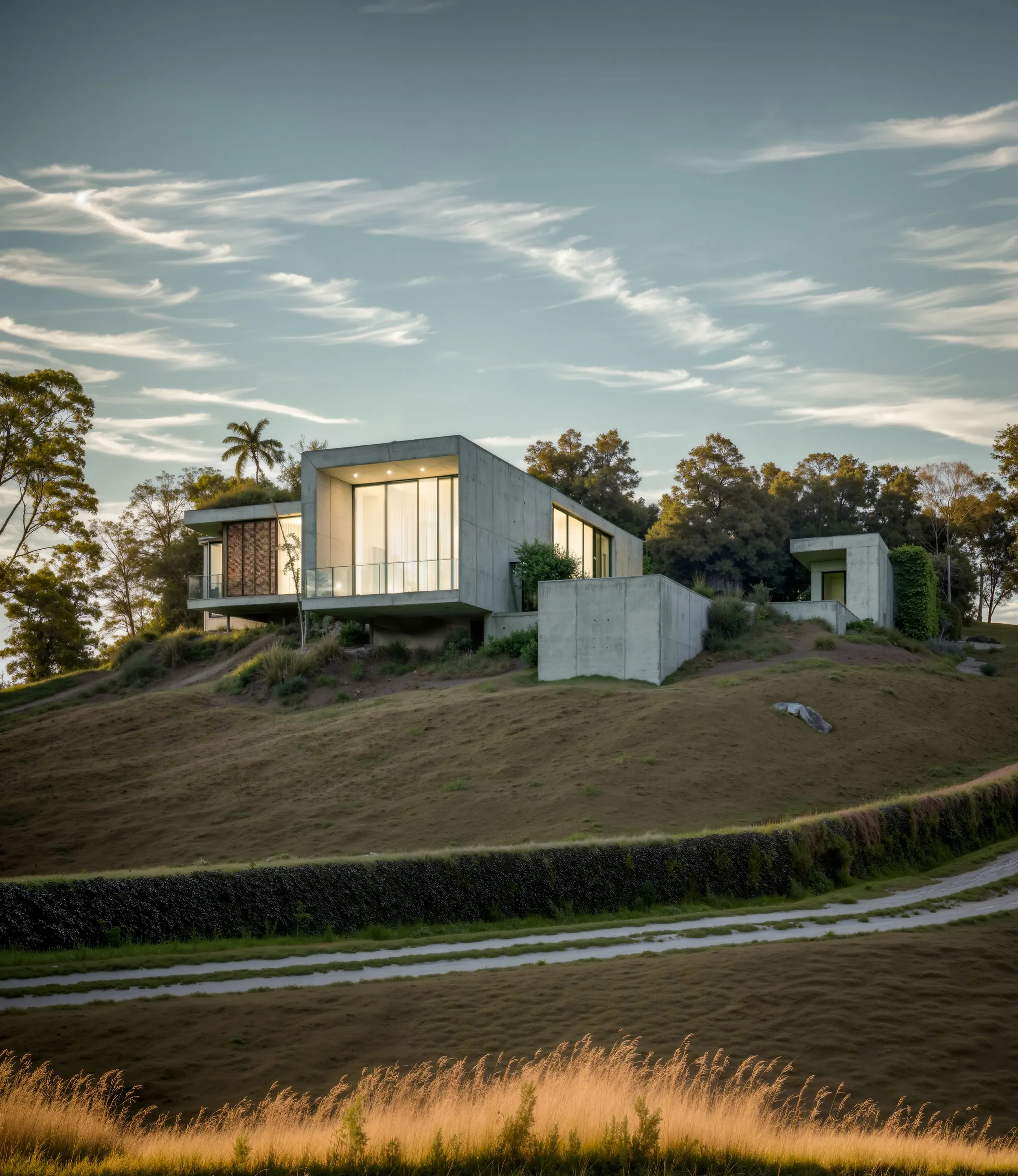 Modern concrete house on a hillside with trees in the background, illuminated from inside, under a partly cloudy sky at sunset.