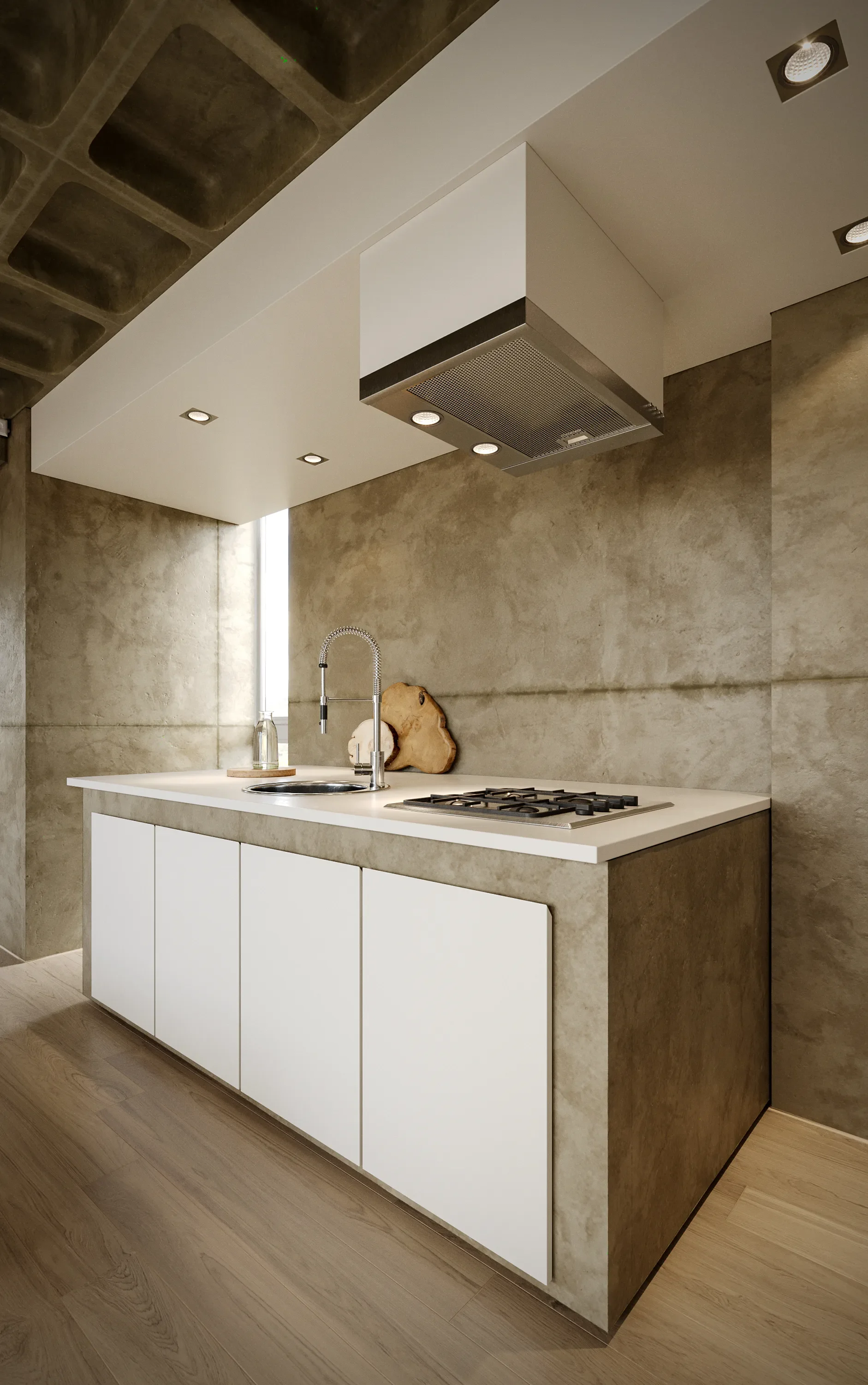 Modern kitchen with beige stone walls, white cabinets, a sink, stovetop, and minimalist decor.