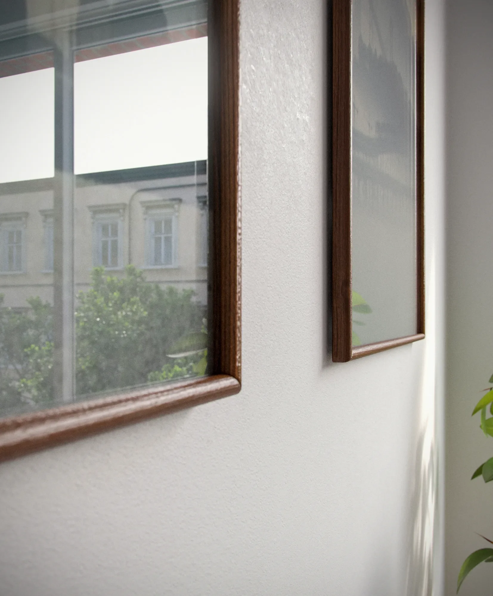Close-up of two wooden-framed glass photo frames hanging on a beige wall, with a partial view of a plant on the right.