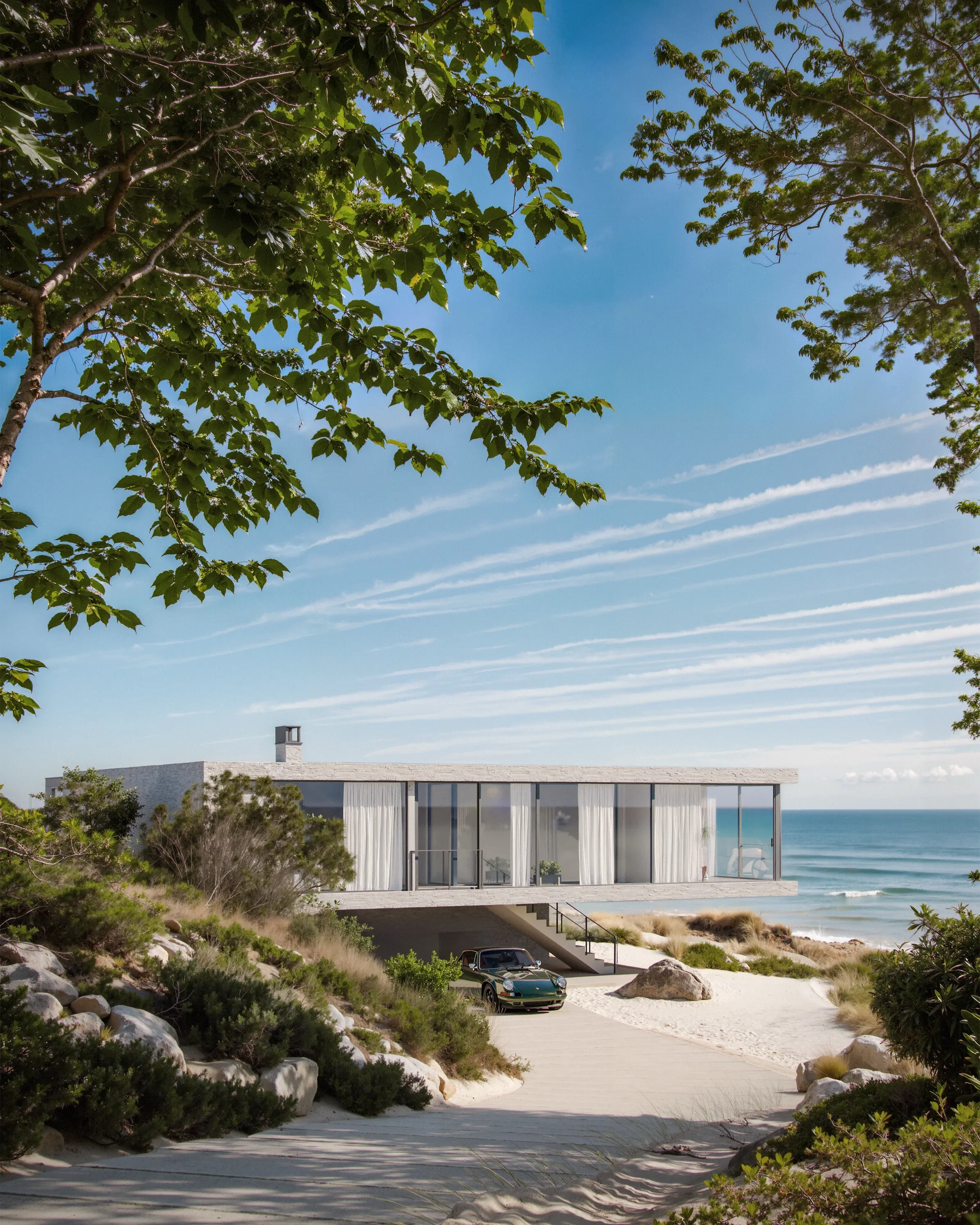 Modern beachfront house with large glass windows, white curtains, and a flat roof, situated on sandy dunes with green trees and shrubs, overlooking the ocean under a blue sky with white streaky clouds. A black car is parked in front of the house.