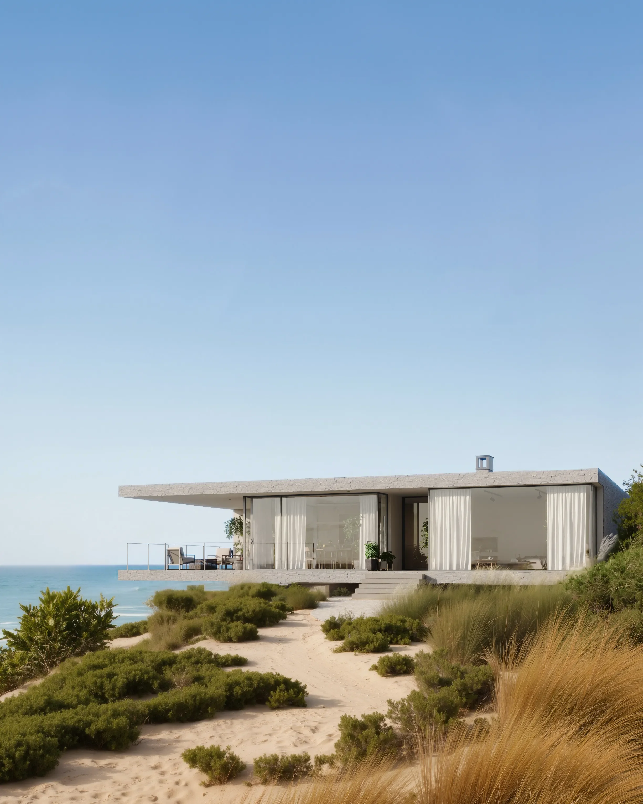 Modern house with large glass windows and curtains, situated on a sandy beach with coastal vegetation, overlooking the ocean under a clear blue sky.