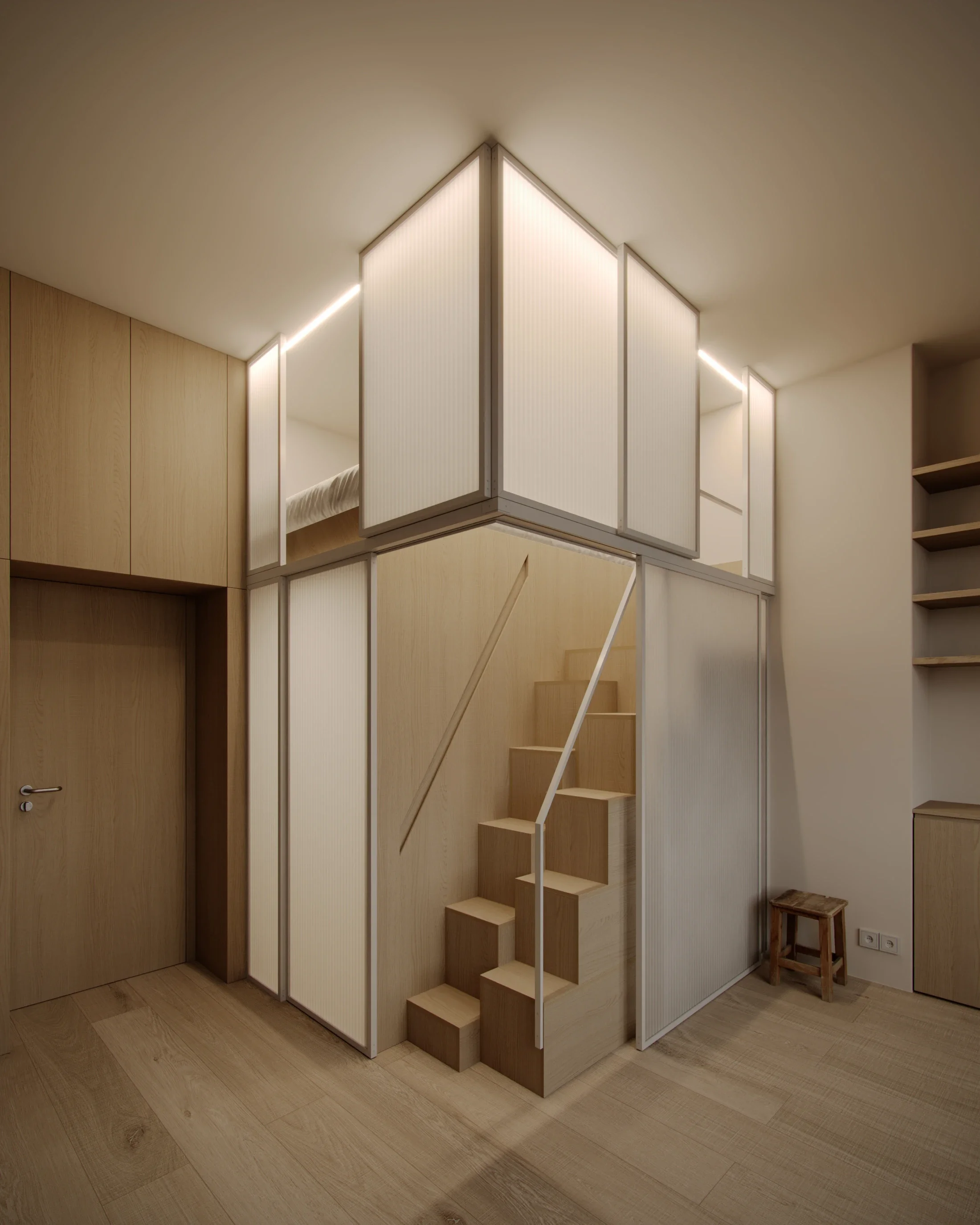 Modern interior with a wooden staircase, built-in storage, and a loft area enclosed by white panels.