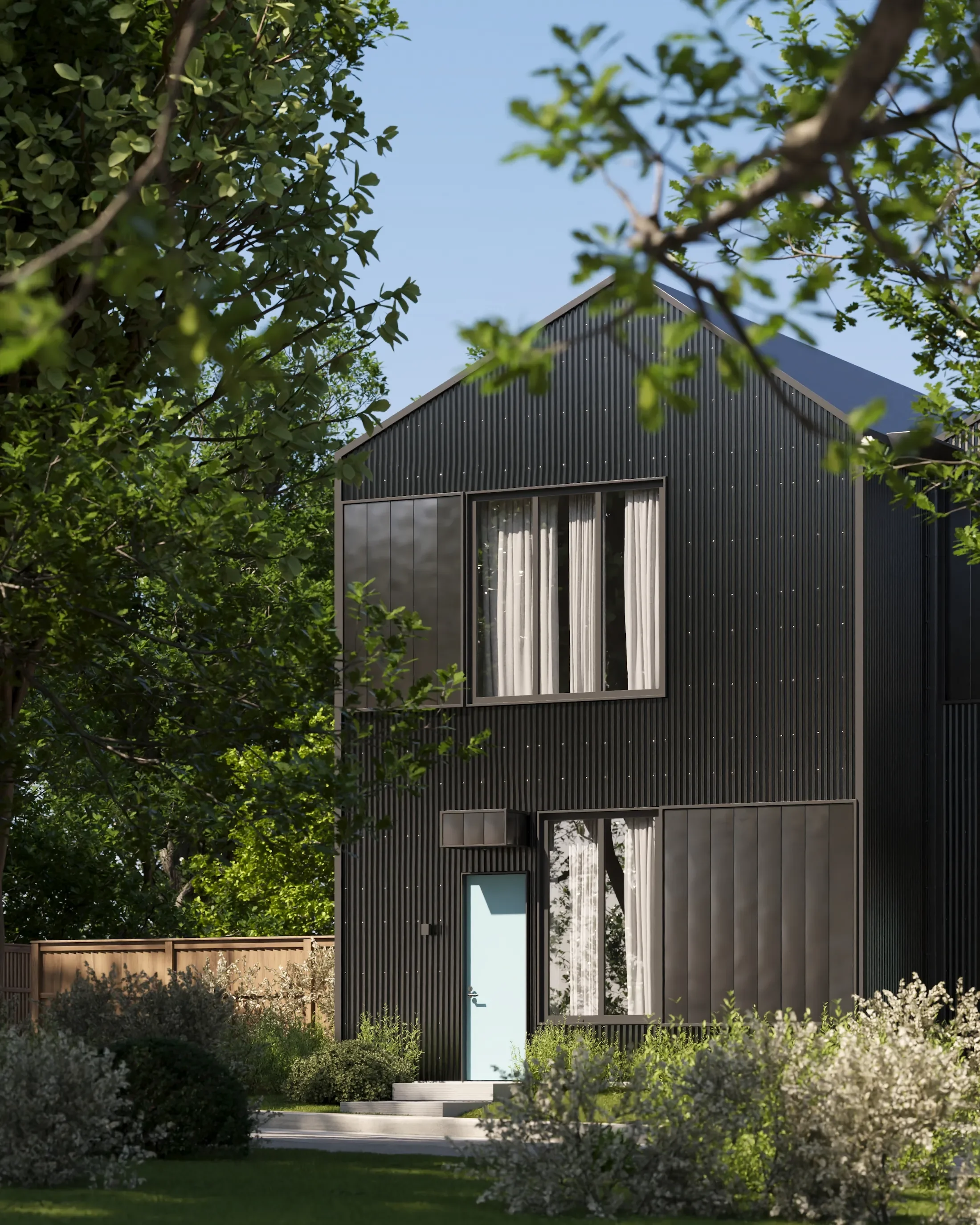Modern black house surrounded by trees and shrubs with a light blue door and large windows with curtains.