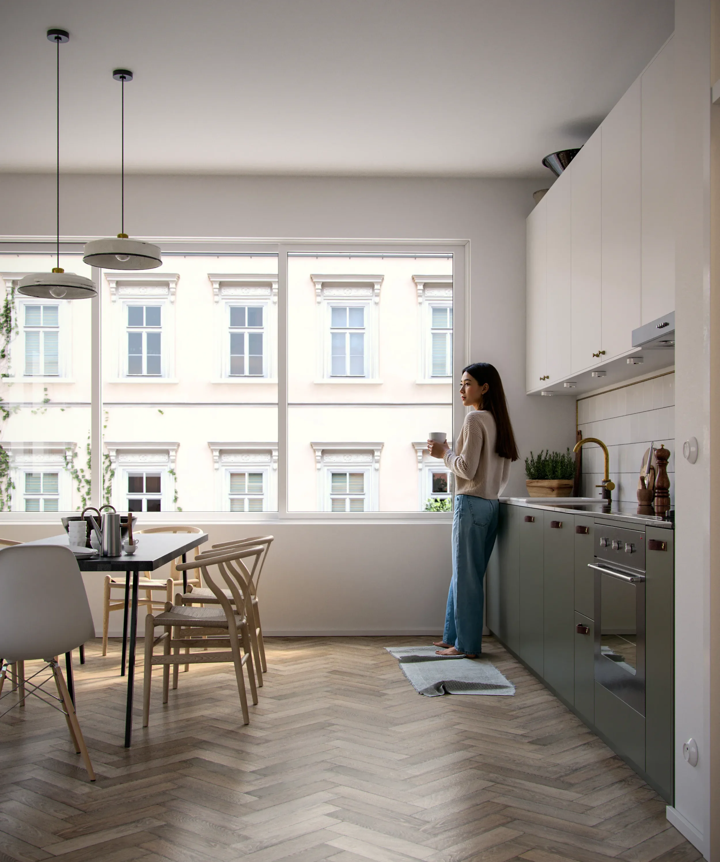 A woman standing by the kitchen counter, holding a cup, with a large window and dining area in a modern apartment.