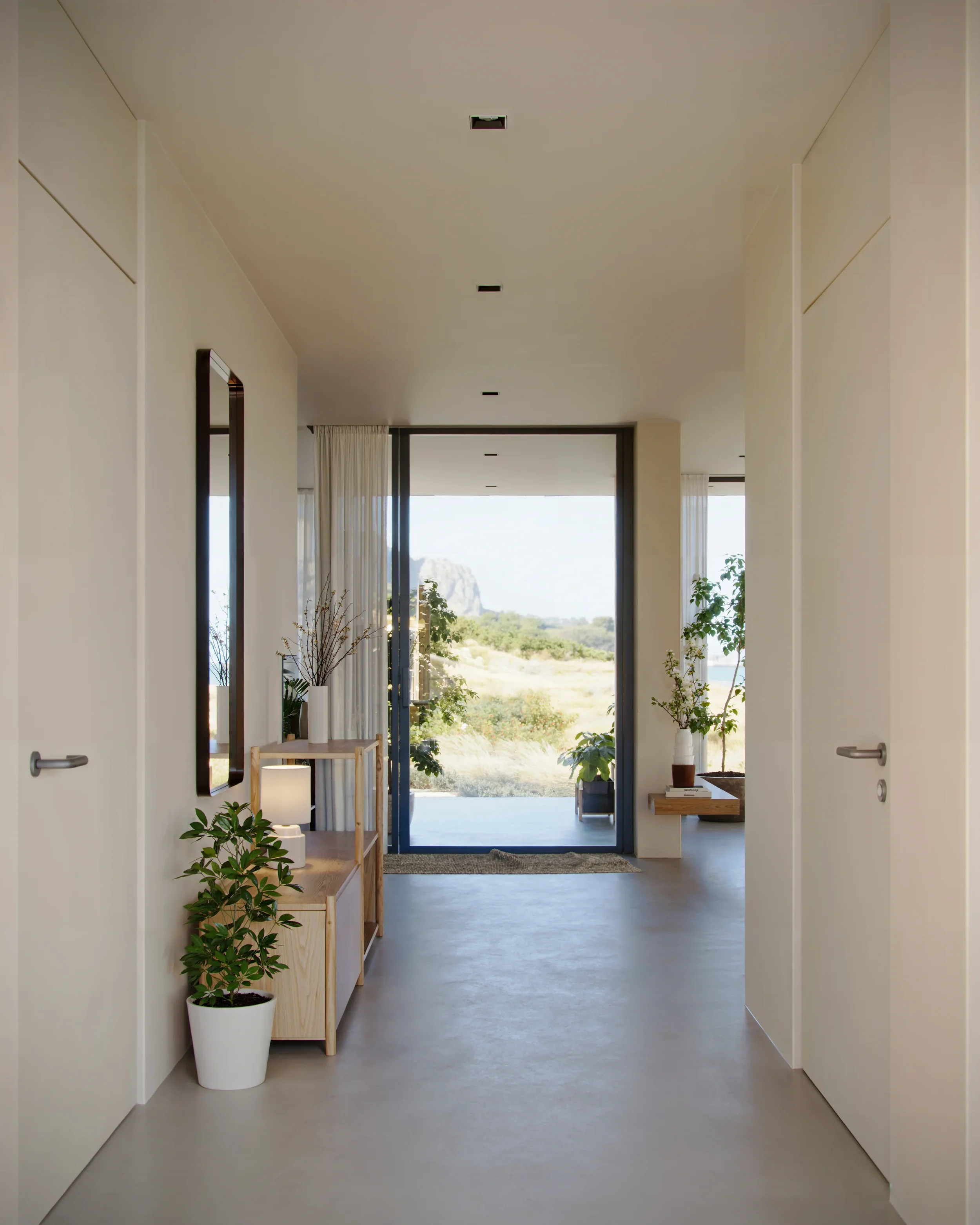Modern hallway with white walls, a wooden console table with potted plants, a mirror, and a sliding glass door leading to an outdoor patio with a view of greenery and distant hills.