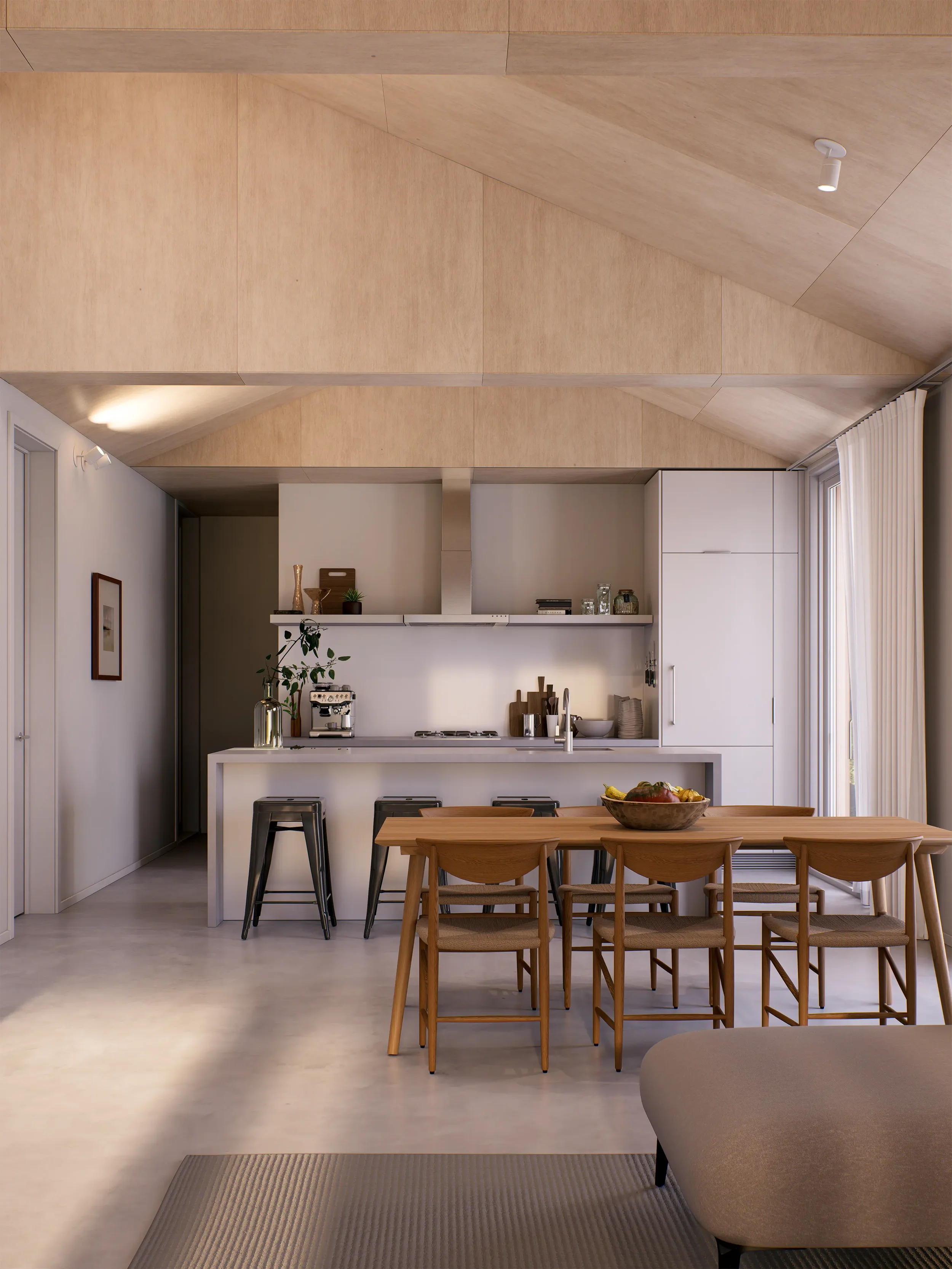 Modern kitchen and dining area with wooden ceiling, white cabinetry, a dining table with six chairs, and a countertop with small appliances and decor.