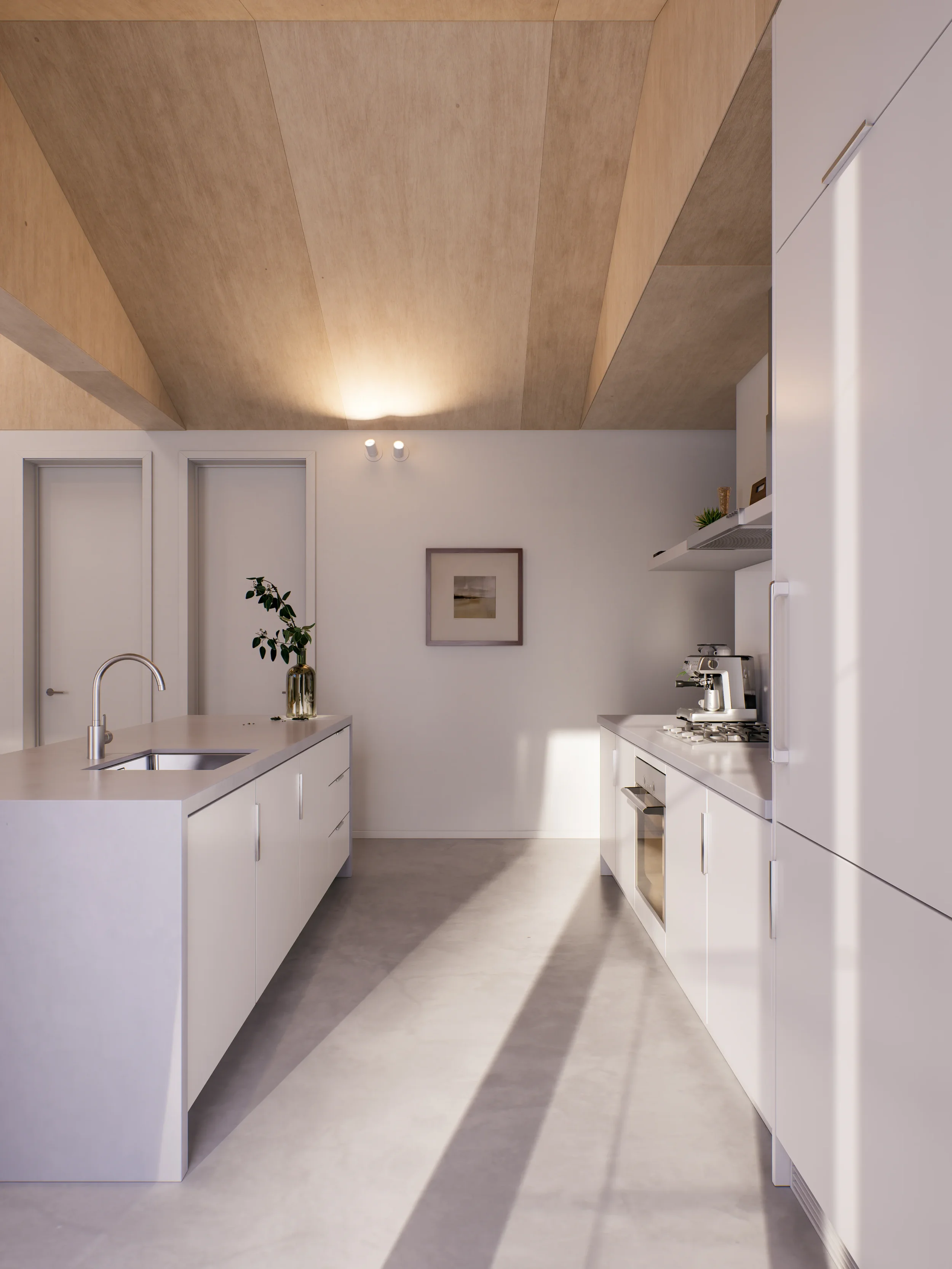 Modern minimalist kitchen with white cabinetry, a kitchen island with a sink, a framed artwork on the wall, and sunlight casting shadows on the floor.