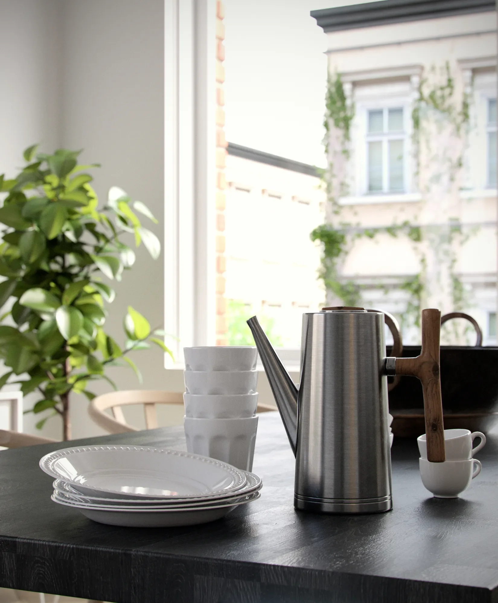 Coffee cups, a metal teapot, and stacked plates on a dark wooden table near a window with buildings outside.