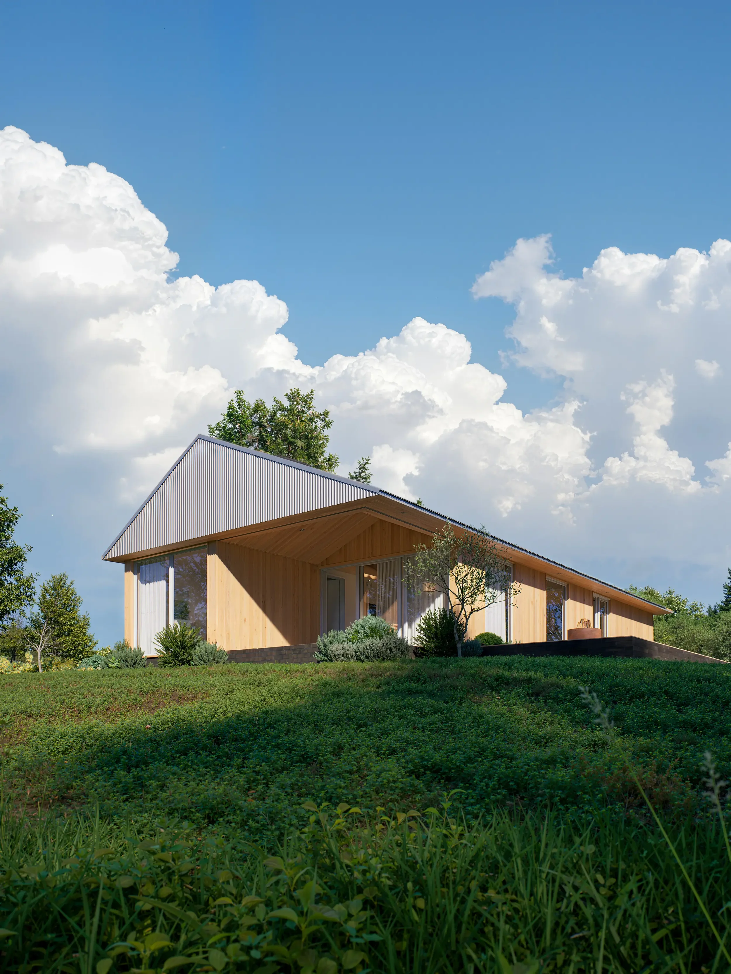 A modern house with wooden siding and a metal roof, surrounded by greenery and trees, under a partly cloudy sky.
