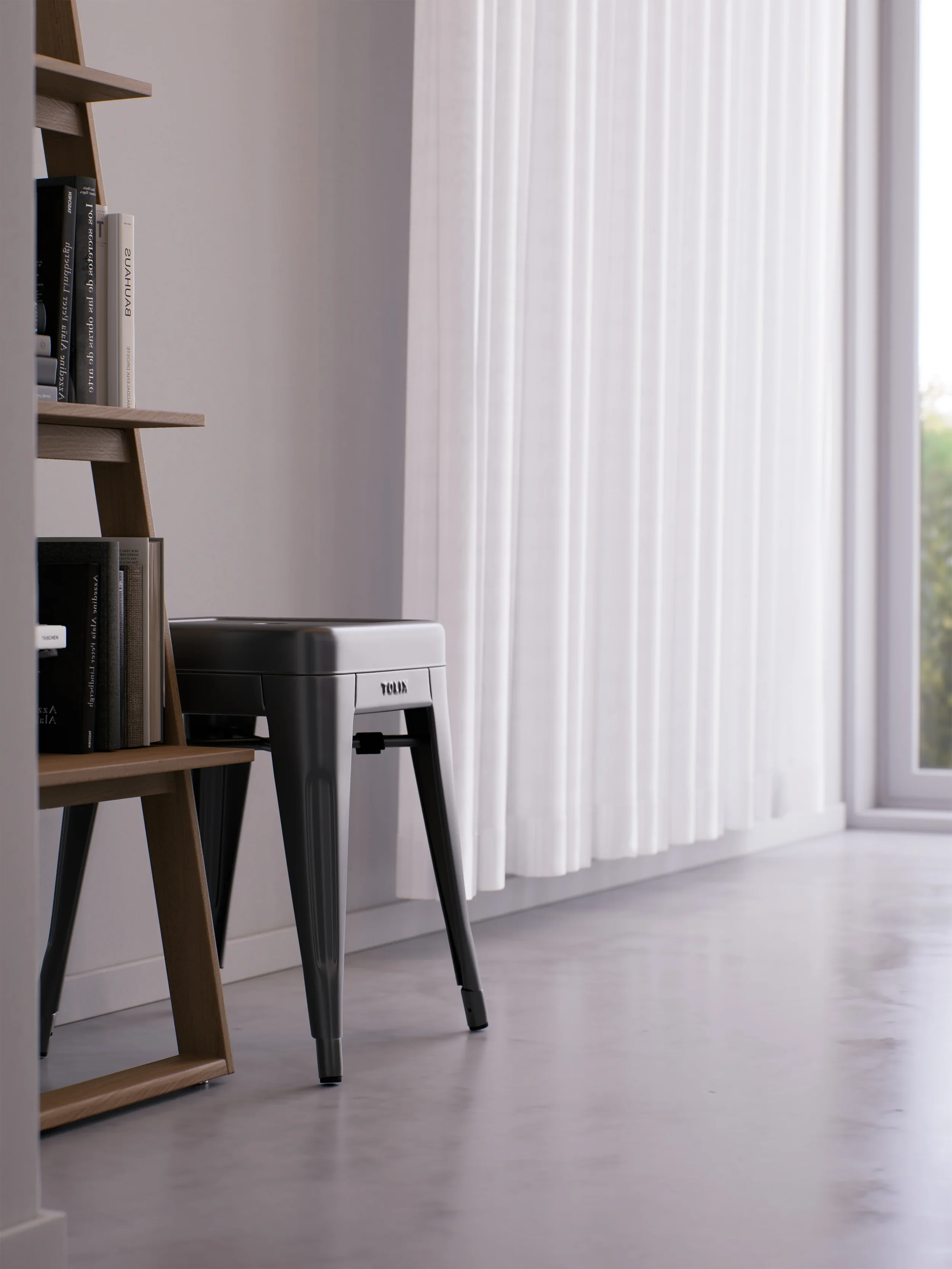 A corner of a room with a wooden bookshelf, a grey stool, white curtains, and a window showing a view outside.