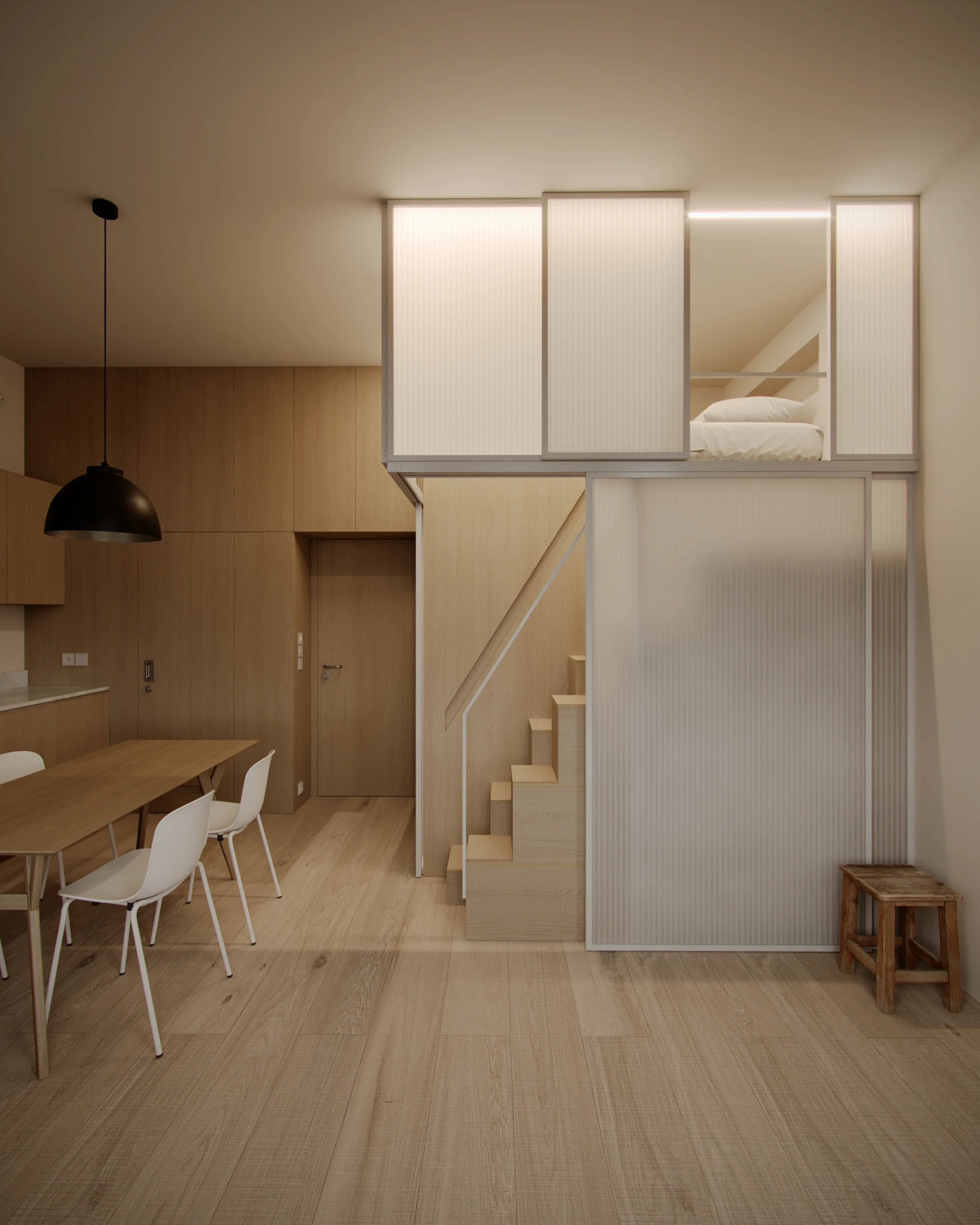 Interior of a modern minimalistic house with wooden furniture, a dining table with white chairs, a staircase, and a sleeping area on a loft.
