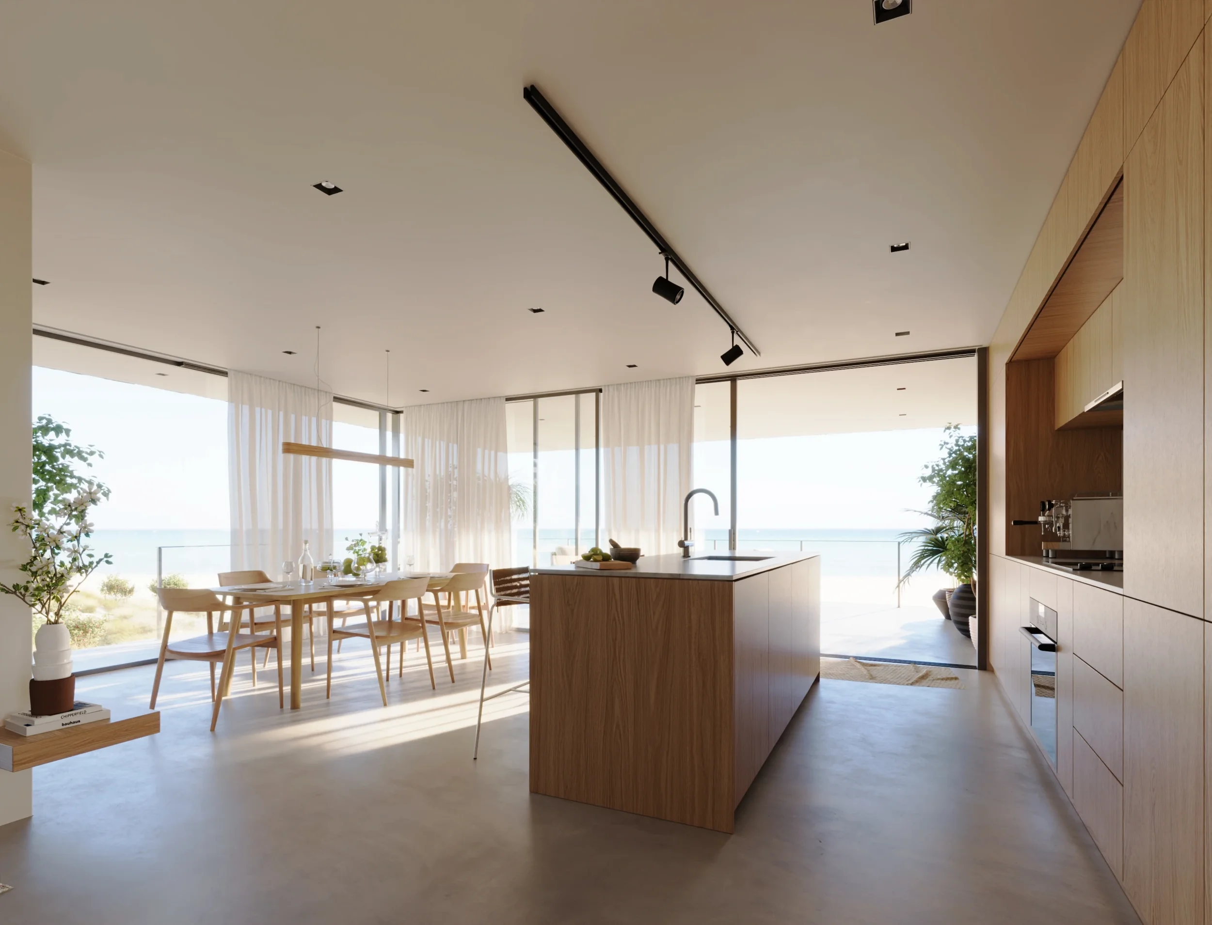 Modern open-concept kitchen and dining area with large windows overlooking water, wooden furniture, and minimalist decor.