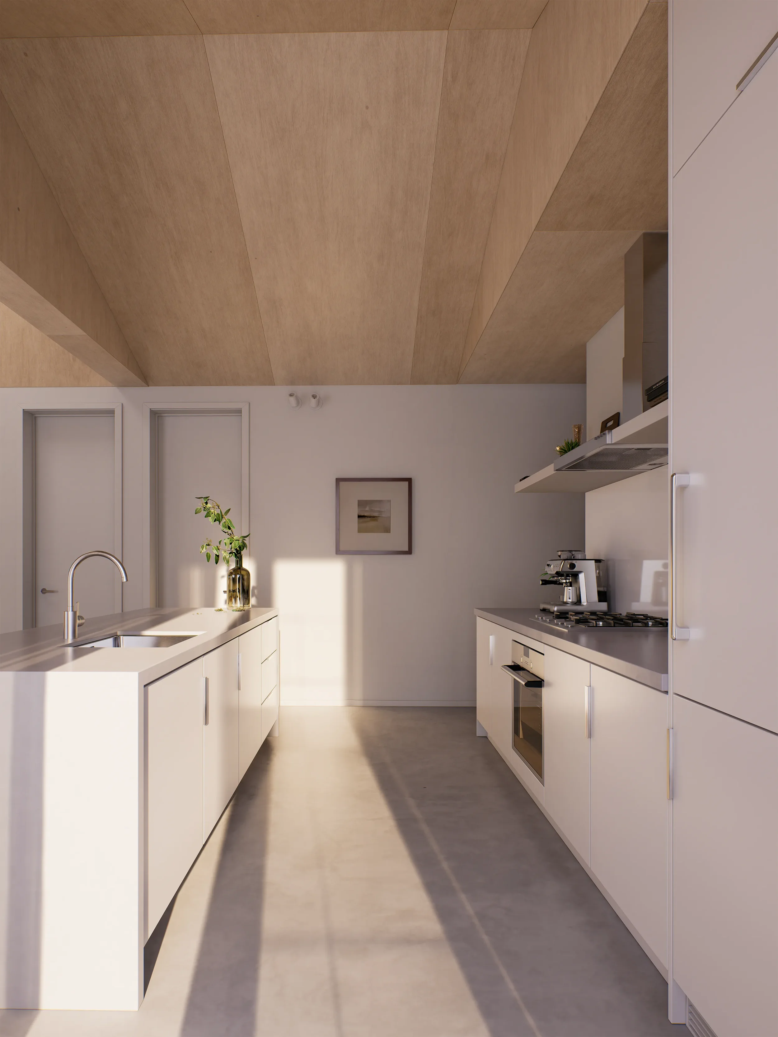 Modern kitchen with white cabinetry, a stainless steel sink, a coffee machine, and a minimalistic decor. Sunlight creates shadows on the floor.