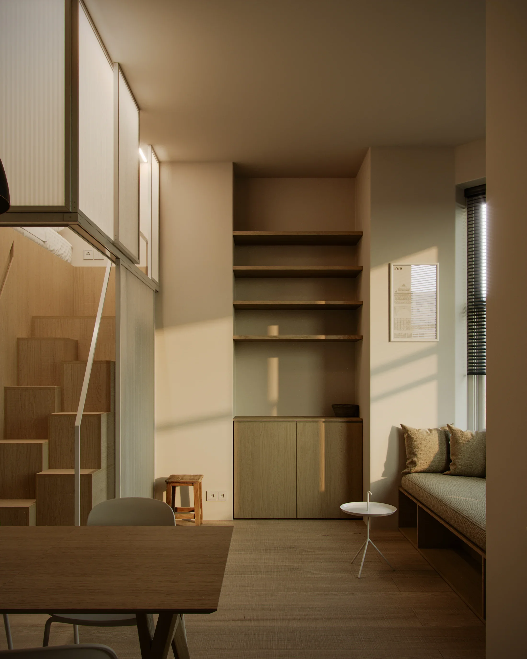 A cozy living room corner with built-in shelving, a small cabinet, a sofa with cushions, a coffee table, a dining table, and a stairway, illuminated by natural light.