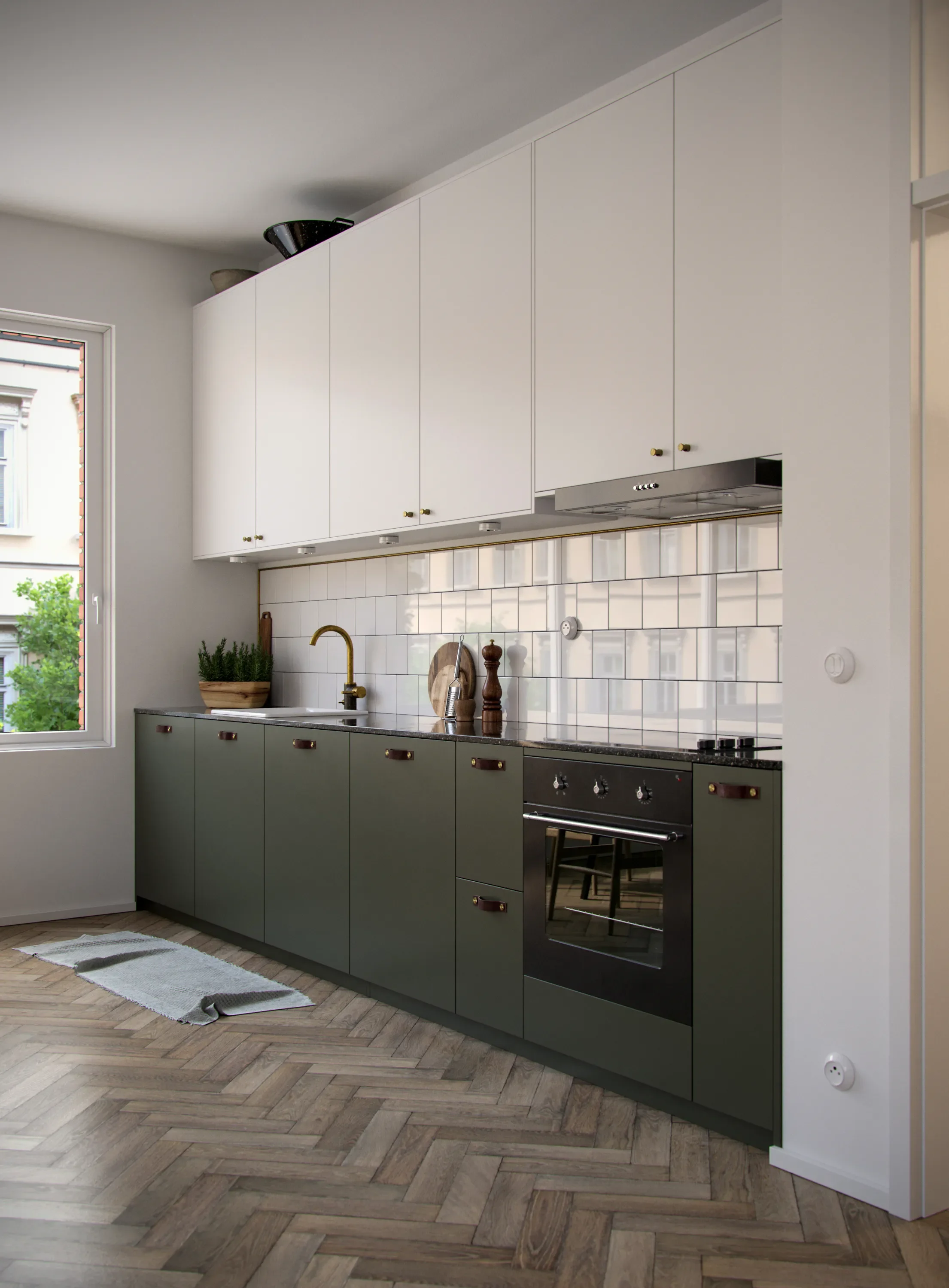 Modern kitchen with white upper cabinets, olive green lower cabinets, a black oven, a white tiled backsplash, and a small window allowing natural light.