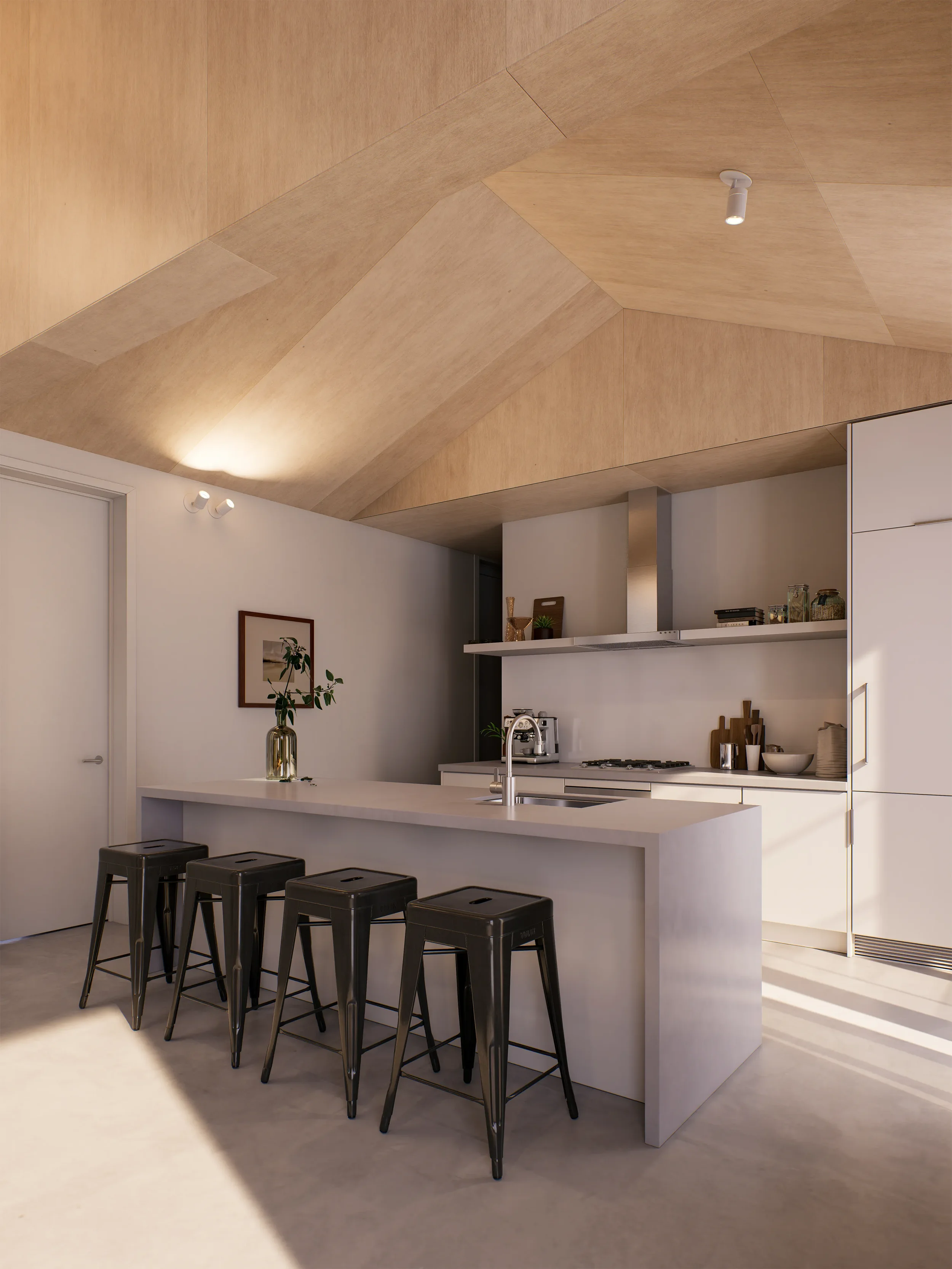 Modern kitchen with white cabinets, a white countertop island with four black stools, and a wooden ceiling with geometric panels.