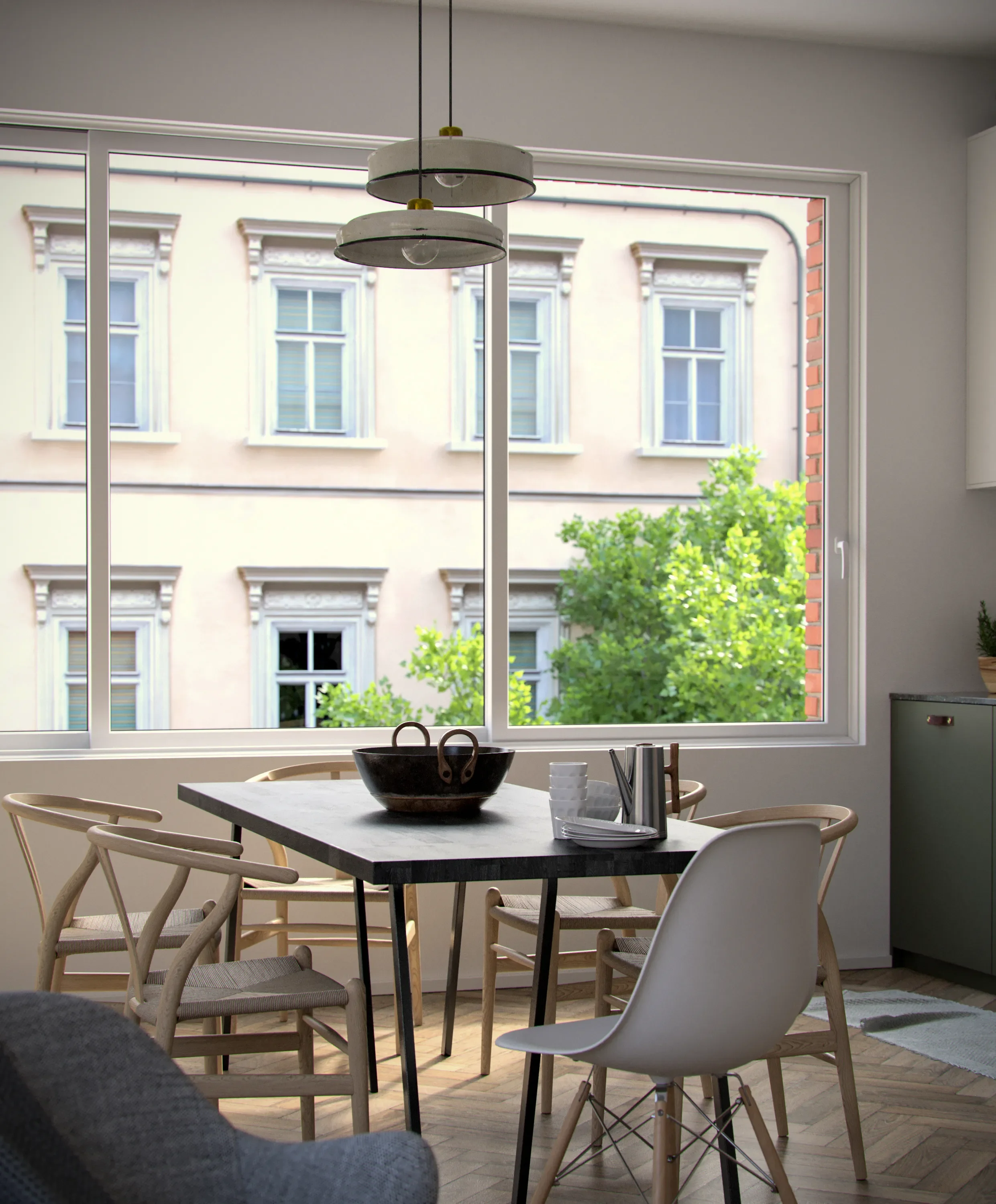Interior of a dining area with a black marble table, six chairs, a large window showing a building facade and green trees outside, and a ceiling light fixture.