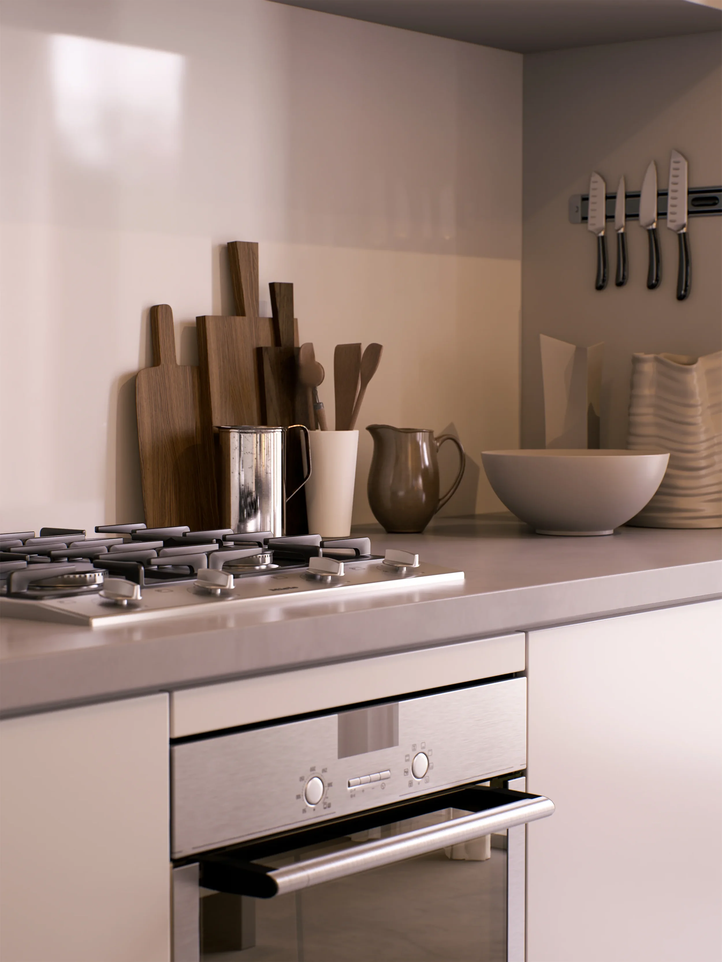 A modern kitchen countertop with a stainless steel stove, wooden cutting boards, knives, a pitcher, a bowl, and some utensils in a white container.